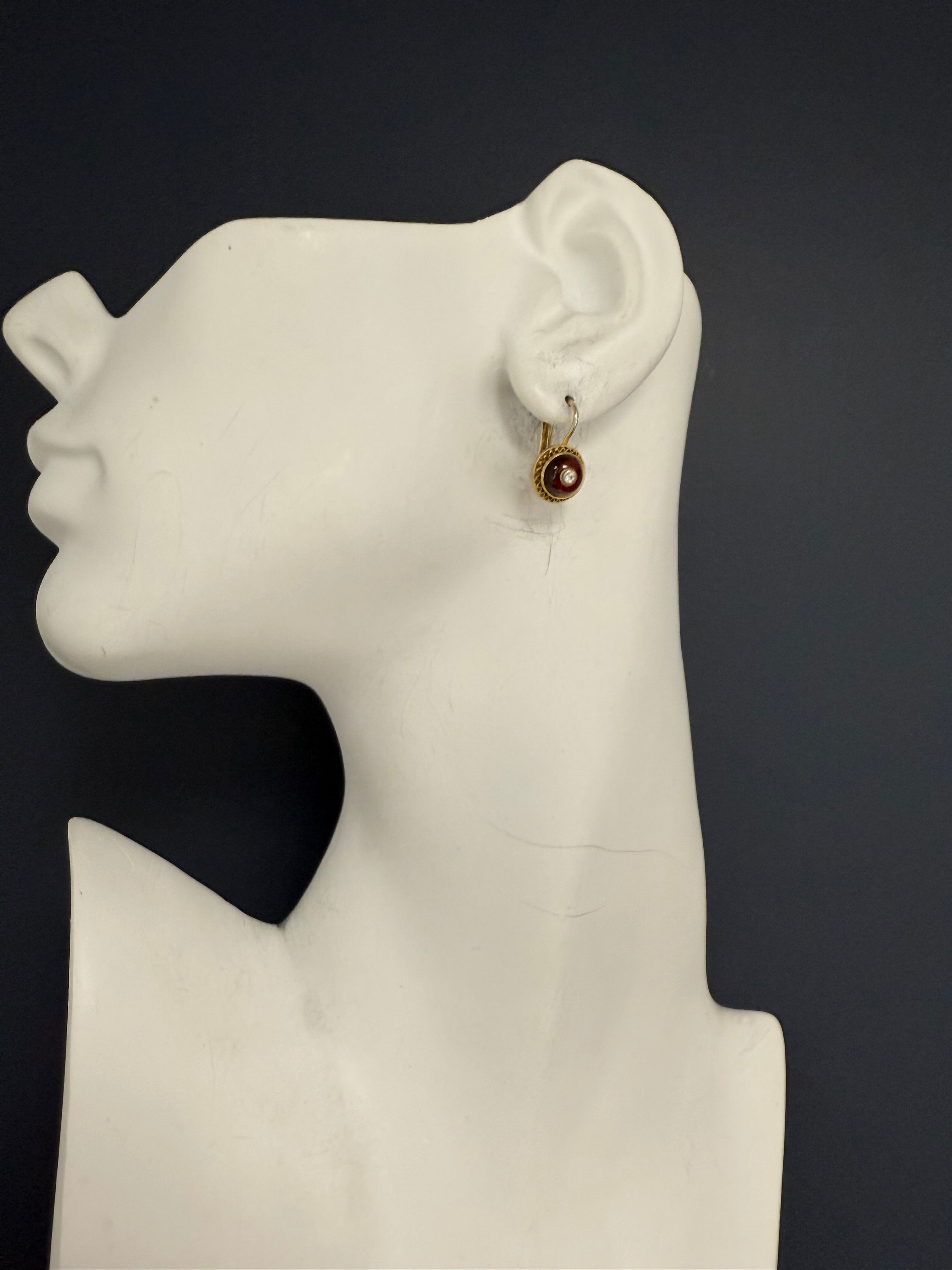 Retro Yellow Gold Natural Diamond And Red Enamel Filigree Earrings Circa 1960
