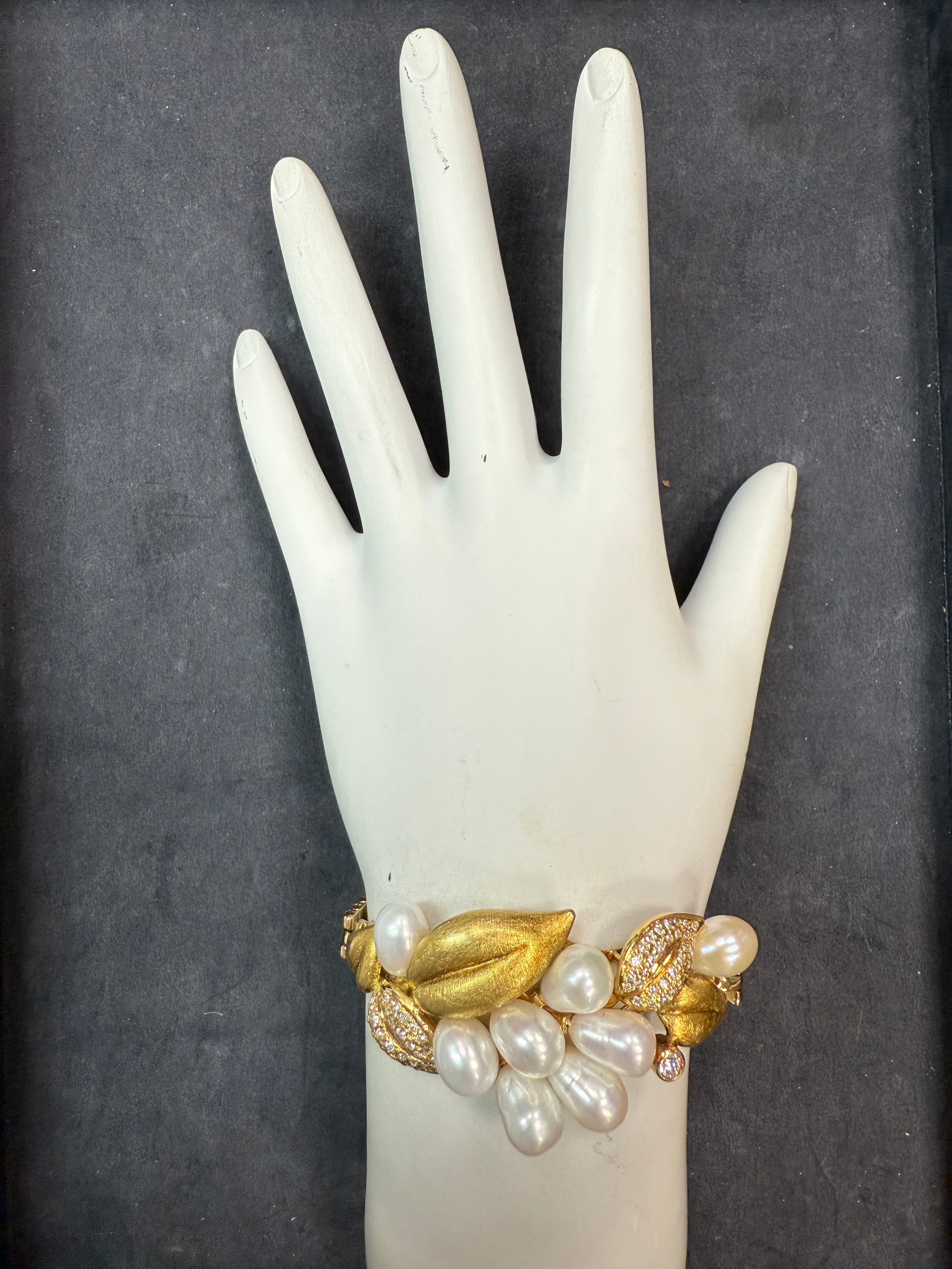 Retro Gold 0.75 Carat Diamond and Pearl Statement Leaf Bracelet Circa 1960