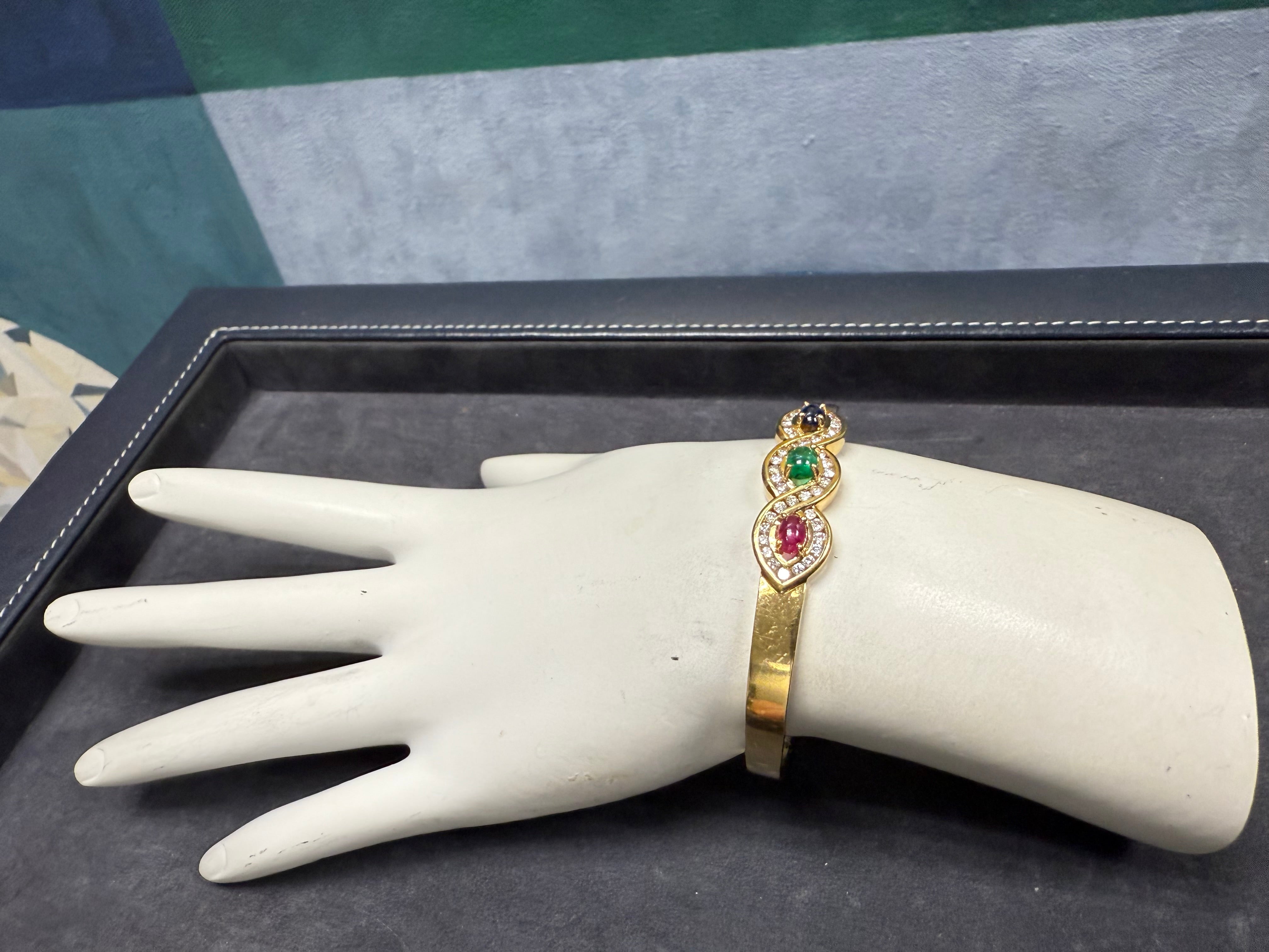 Retro Gold 1.2 CT Natural Diamond & Multicolor CAB Statement Bangle Circa 1980