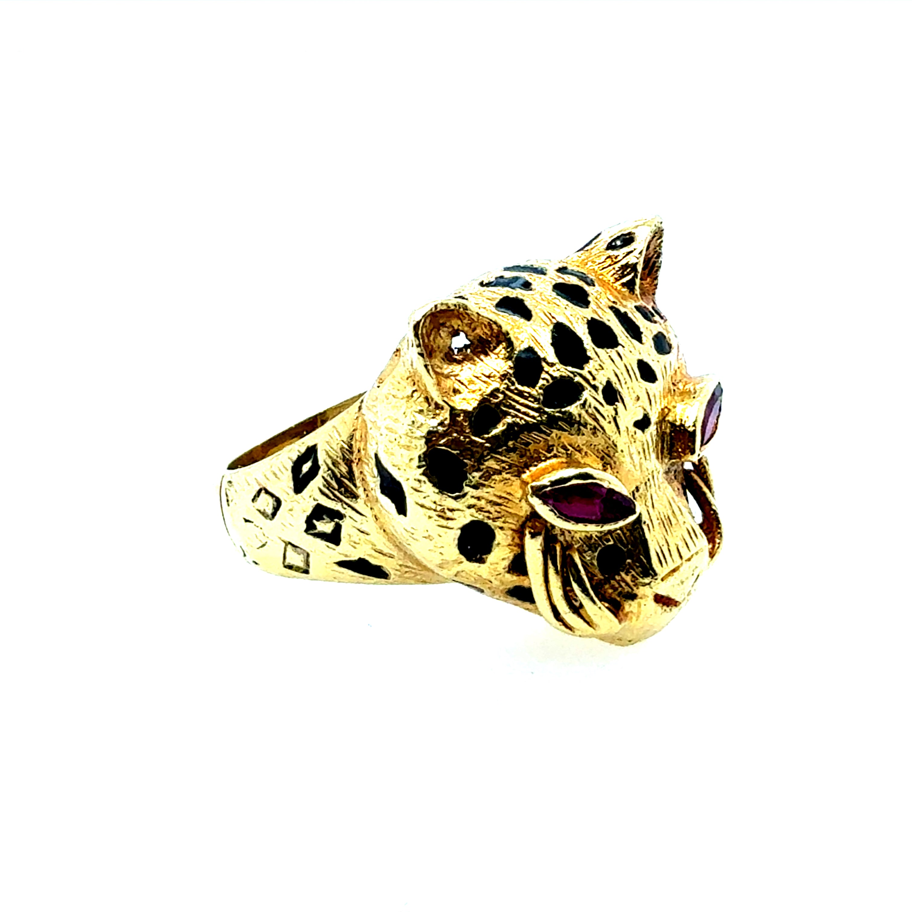 Retro Gold Natural Ruby Eyes Leopard Statement Ring Made in Italy Circa 1990
