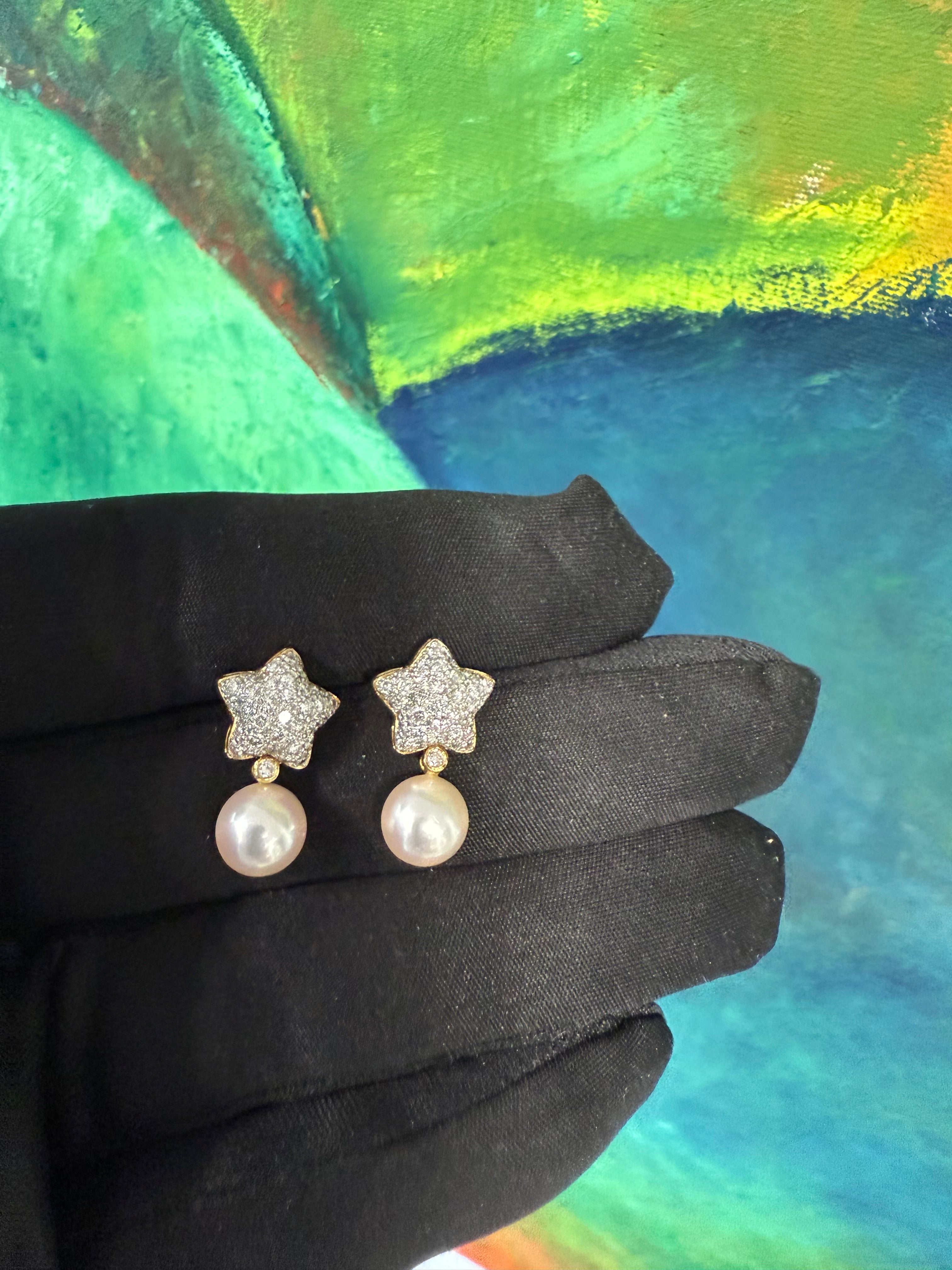 Modern Gold 1.5 Carat Natural Diamond and South Sea Pearl Star Earrings