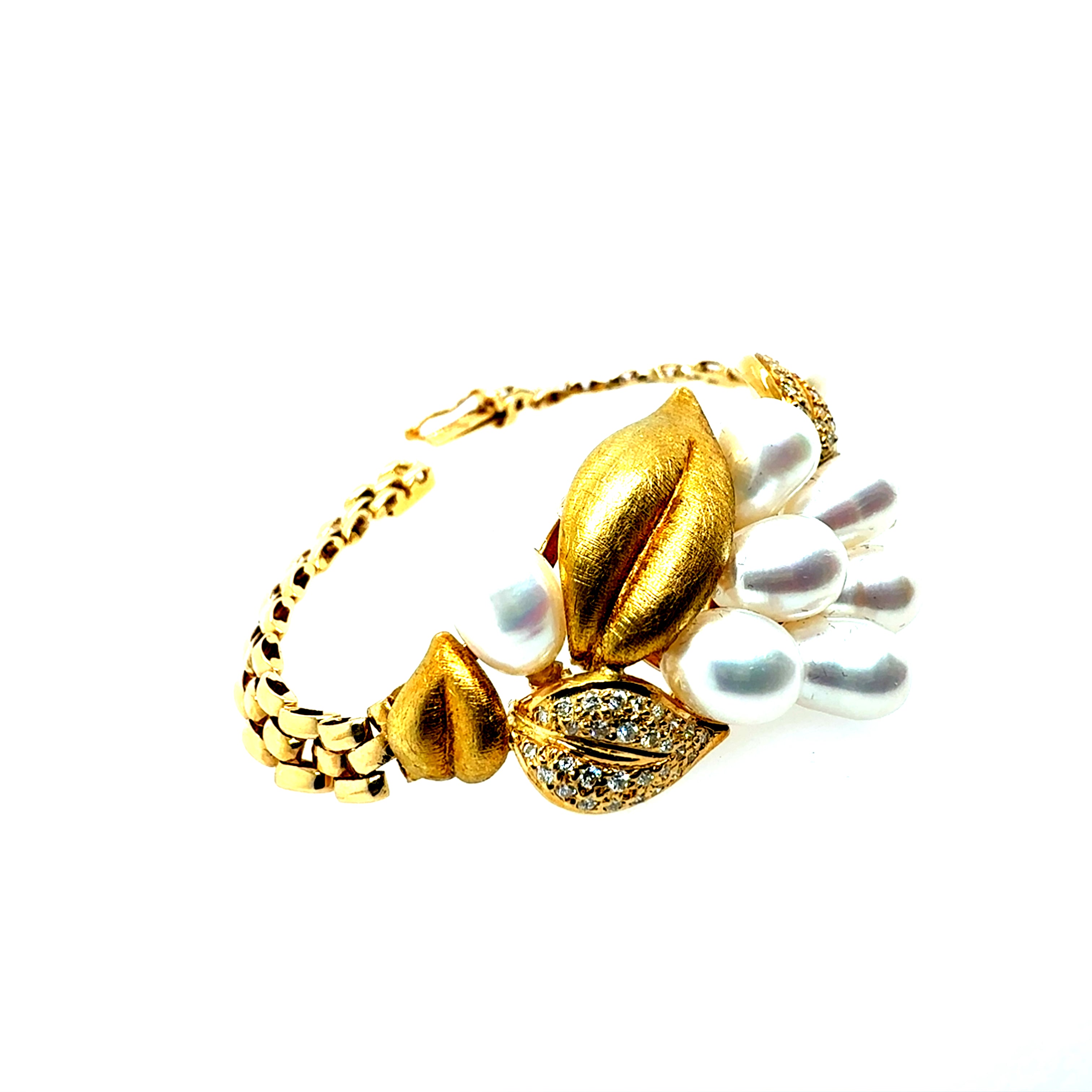 Retro Gold 0.75 Carat Diamond and Pearl Statement Leaf Bracelet Circa 1960