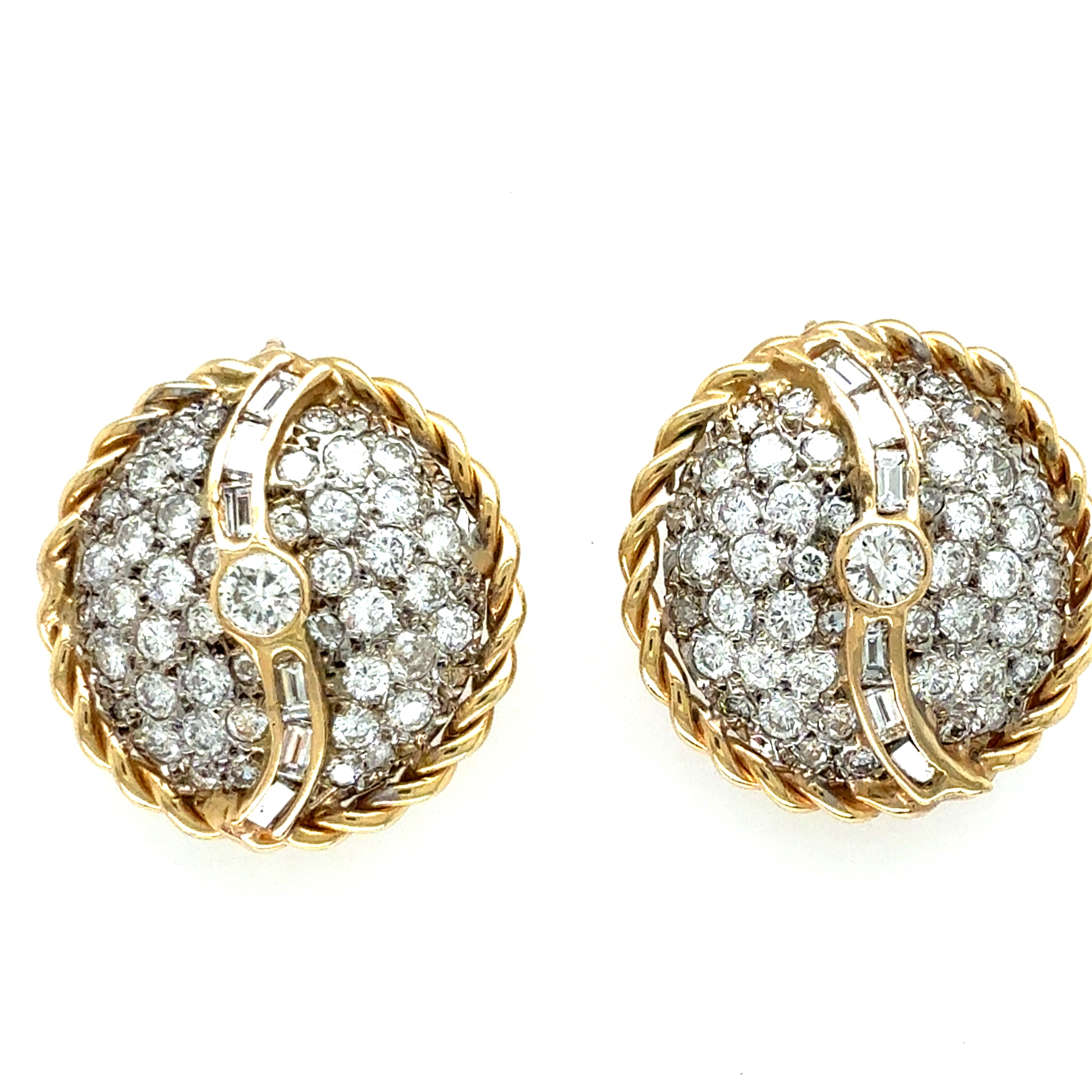 Retro Gold 3 Carat Natural Round & Baguette Colorless Diamond Earrings