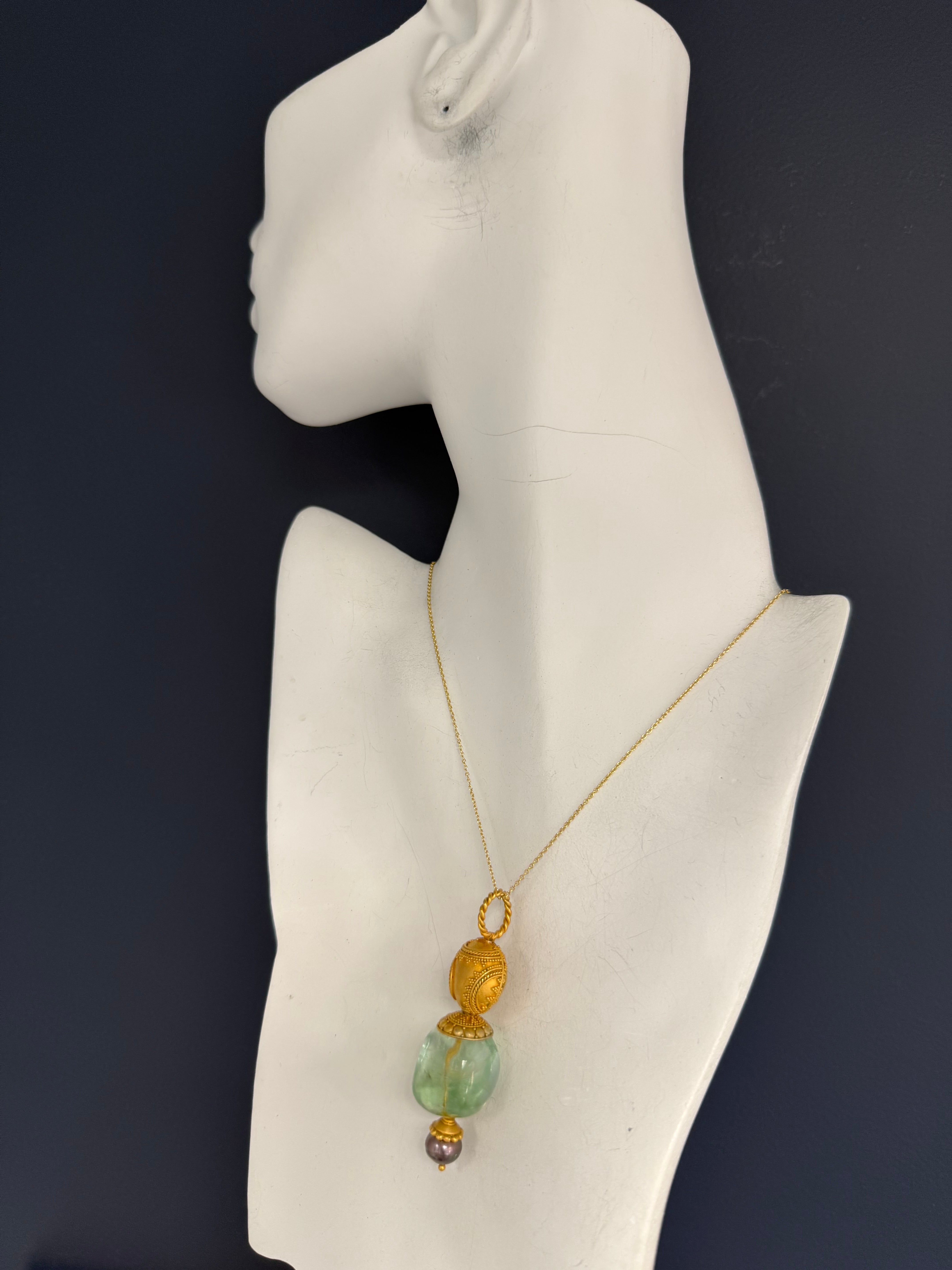 Retro Silver Statement Pendant Green Fluorite And Black Tahitian Pearl