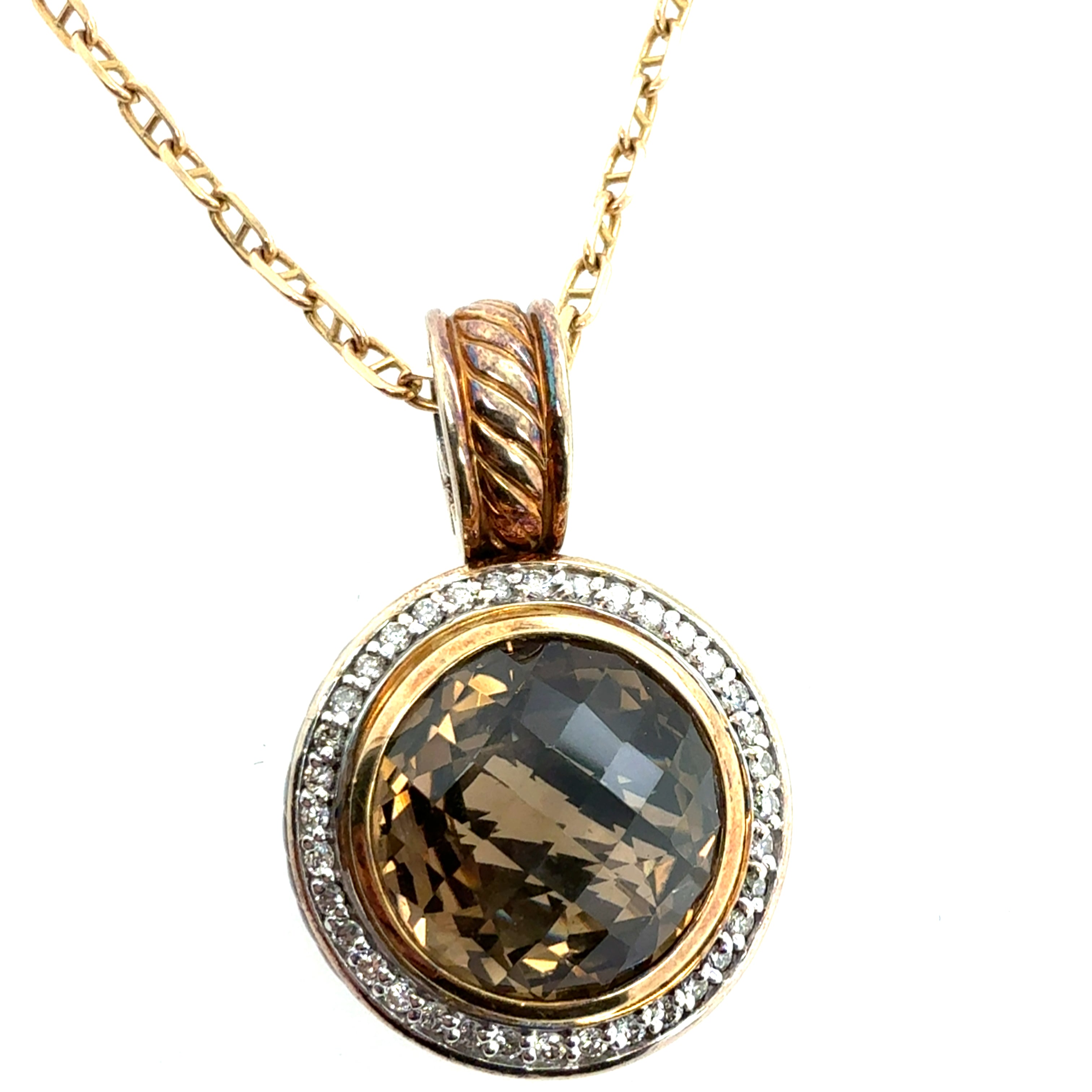 Modern Gold & Silver Natural Smoky Topaz & Diamond Pendant by David Yurman