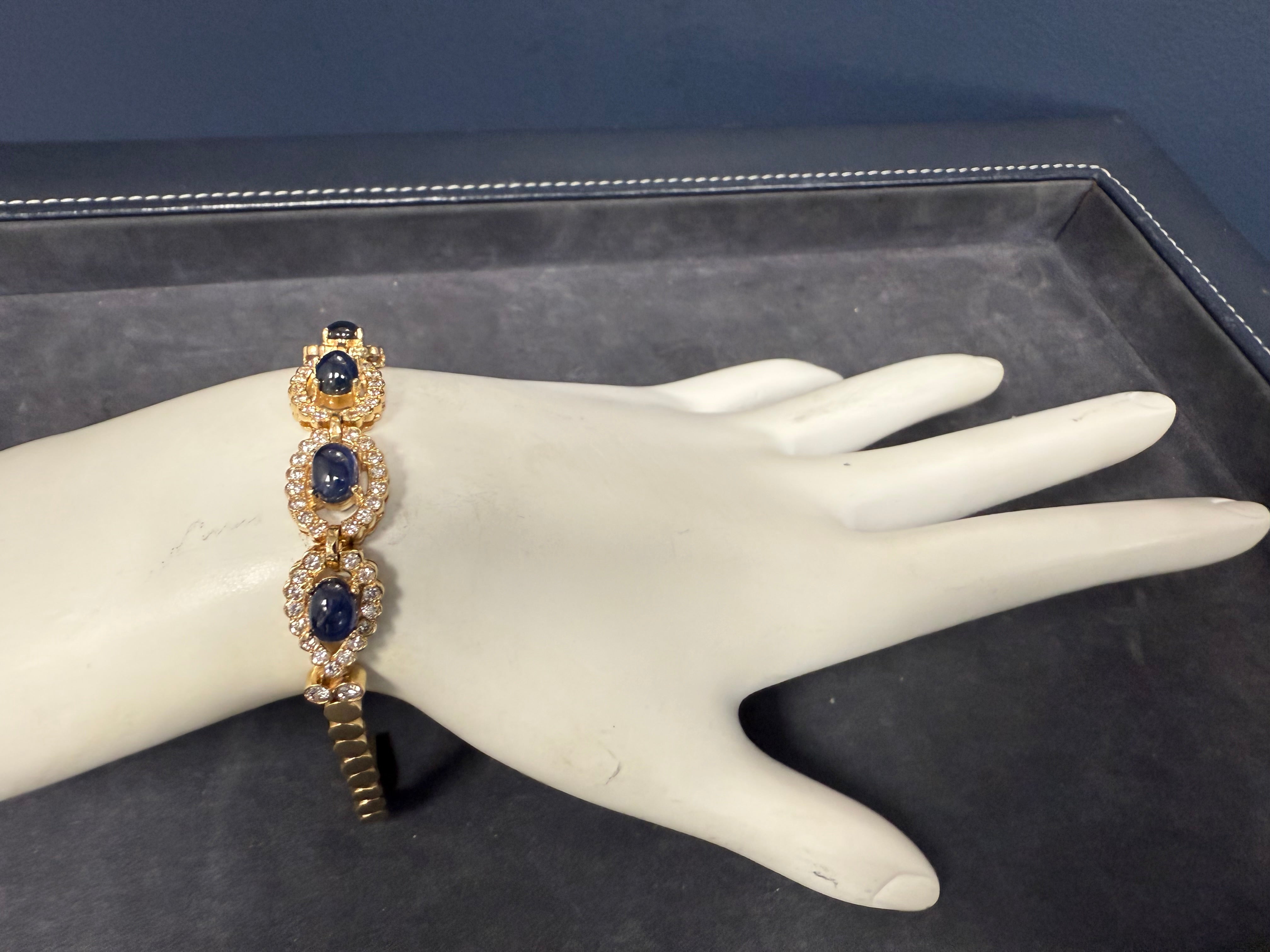 Retro Gold 6 Carat Natural Diamond & Blue Sapphire CAB Bracelet Circa 1980