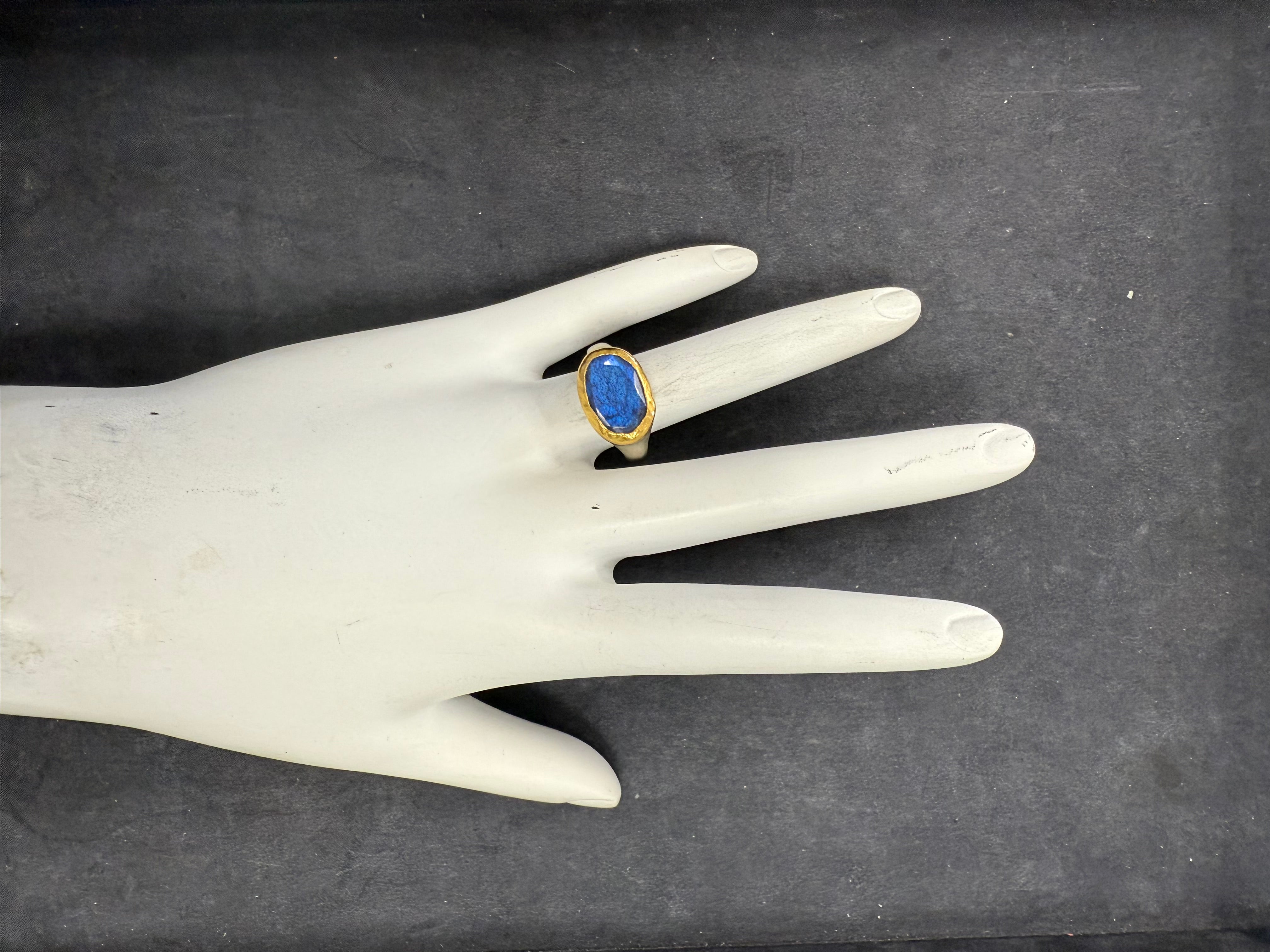 Retro Gold & Silver Blue Iridescent Labradorite Statement Ring Circa 1990