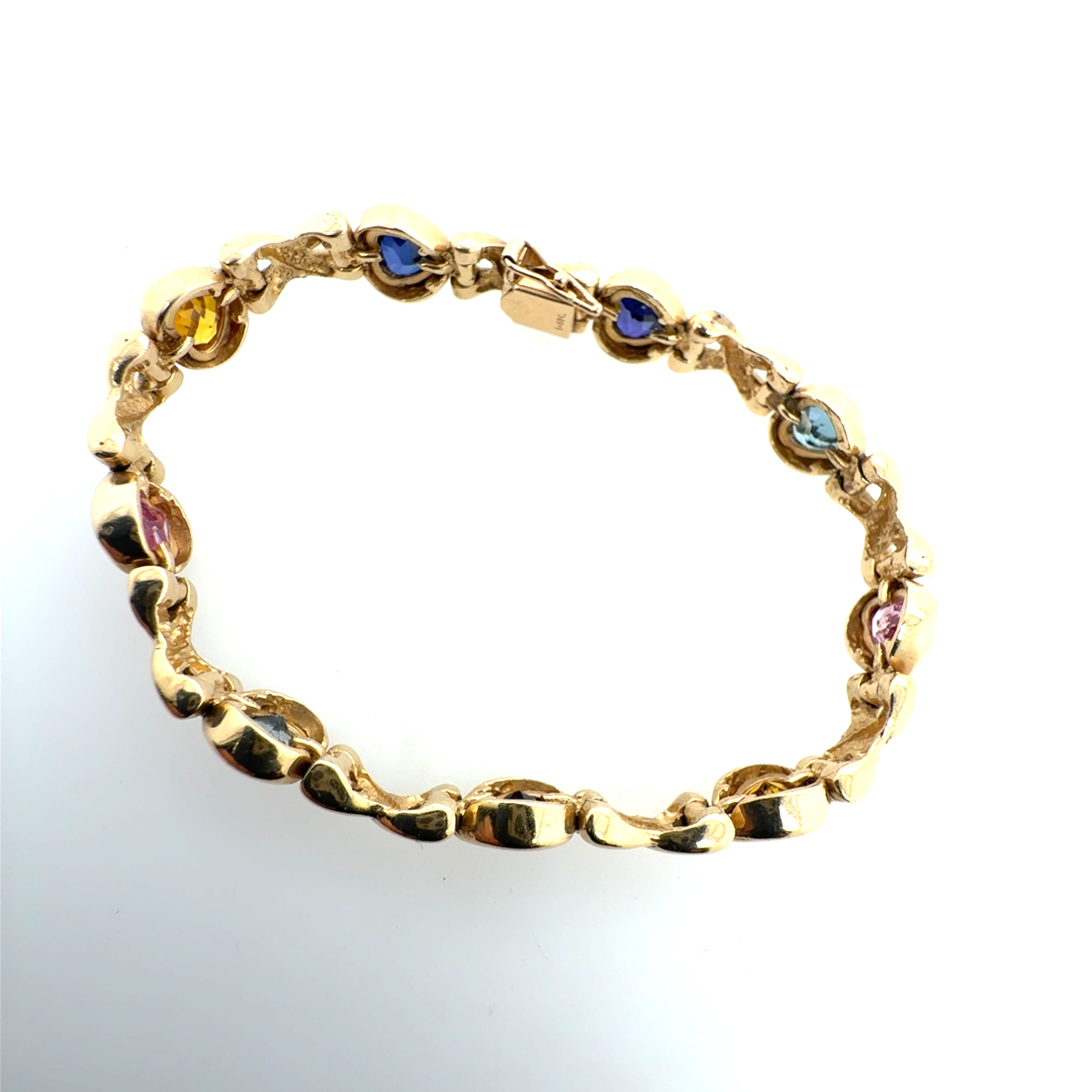 Retro 14K Yellow Gold Natural Multicolor Gem Heart Statement Bracelet Circa 1980