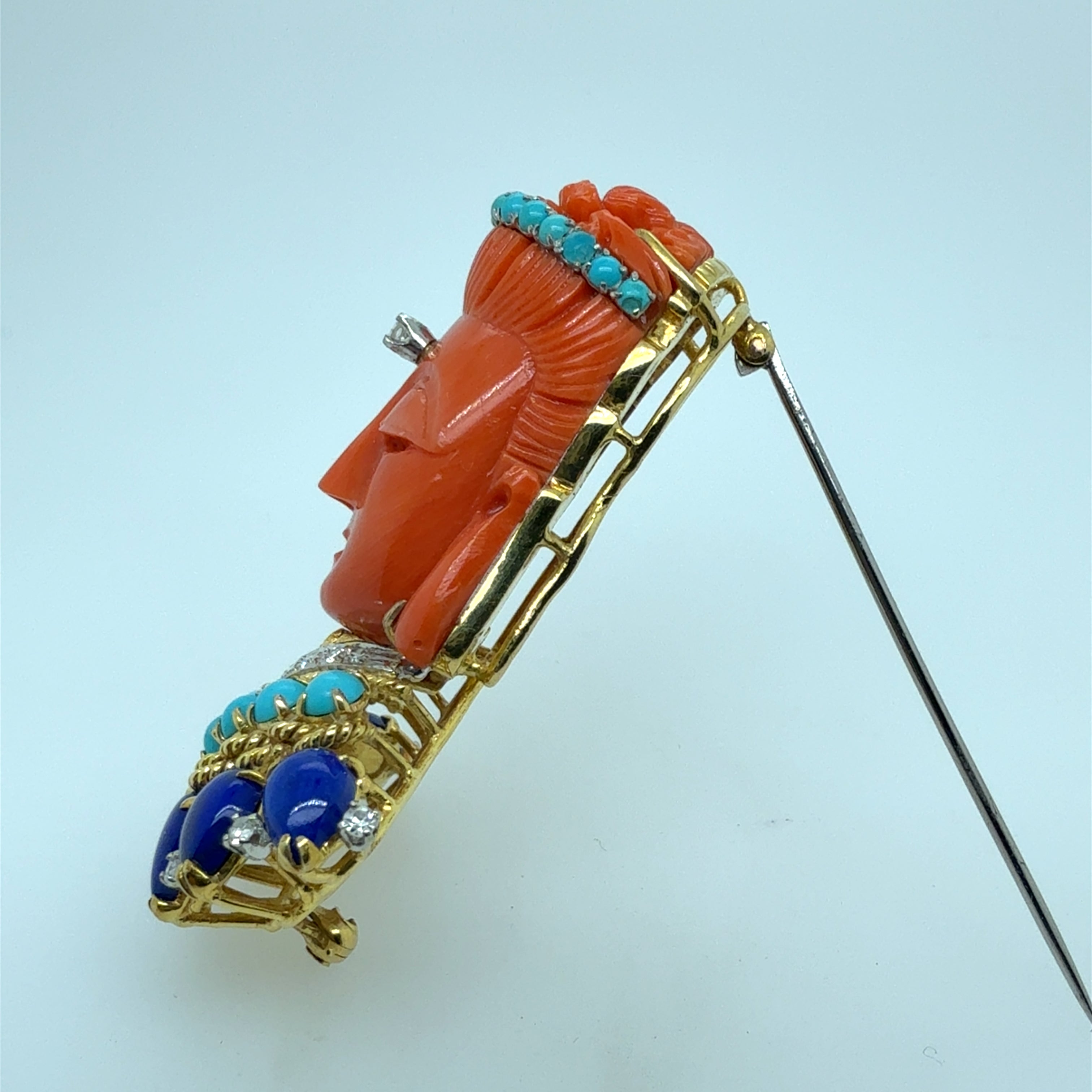 Retro Gold Buddha Turquoise Lapis & Diamond Brooch-Pin Circa 1950