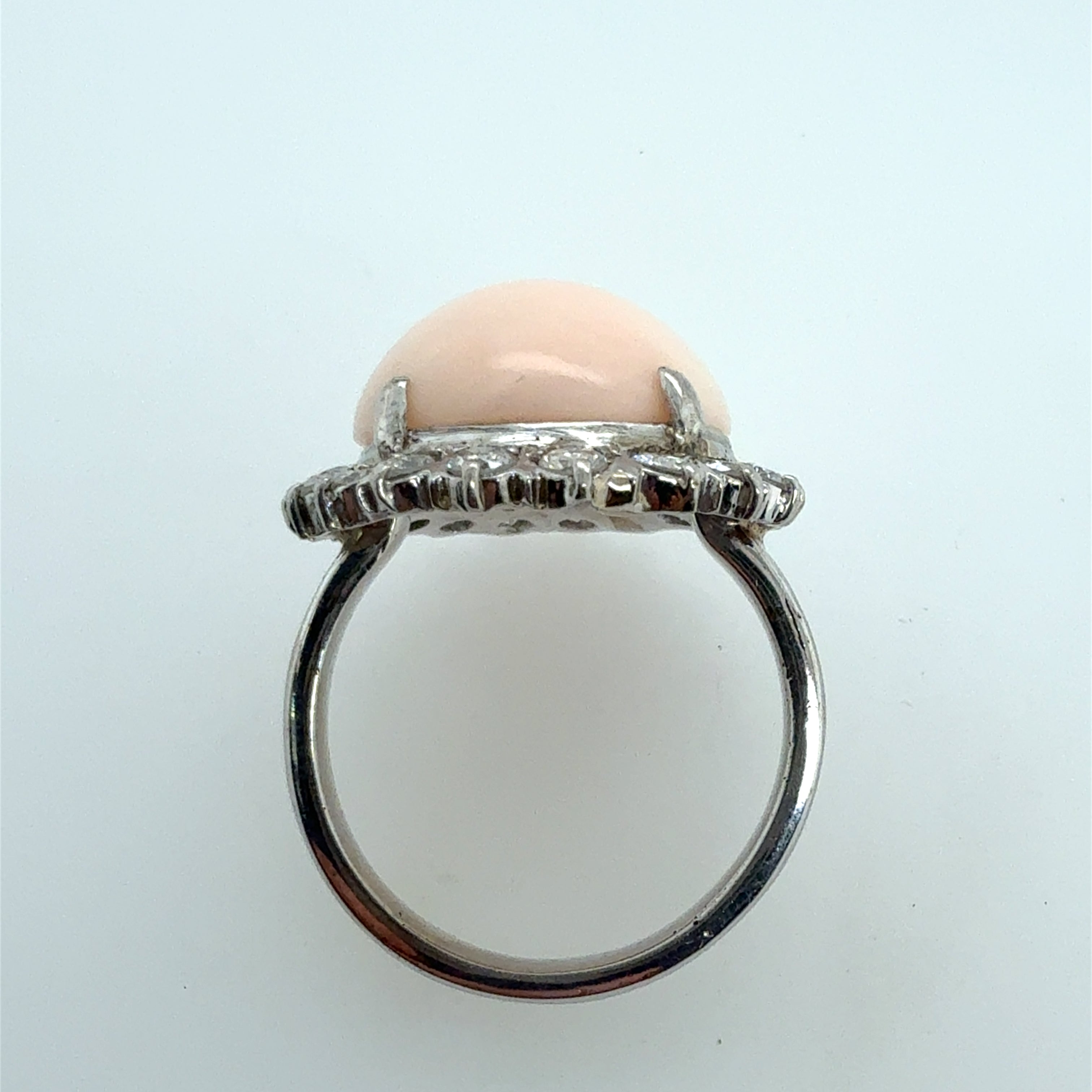 Retro White Gold Pink Coral & Natural Diamond Statement Ring Circa 1970