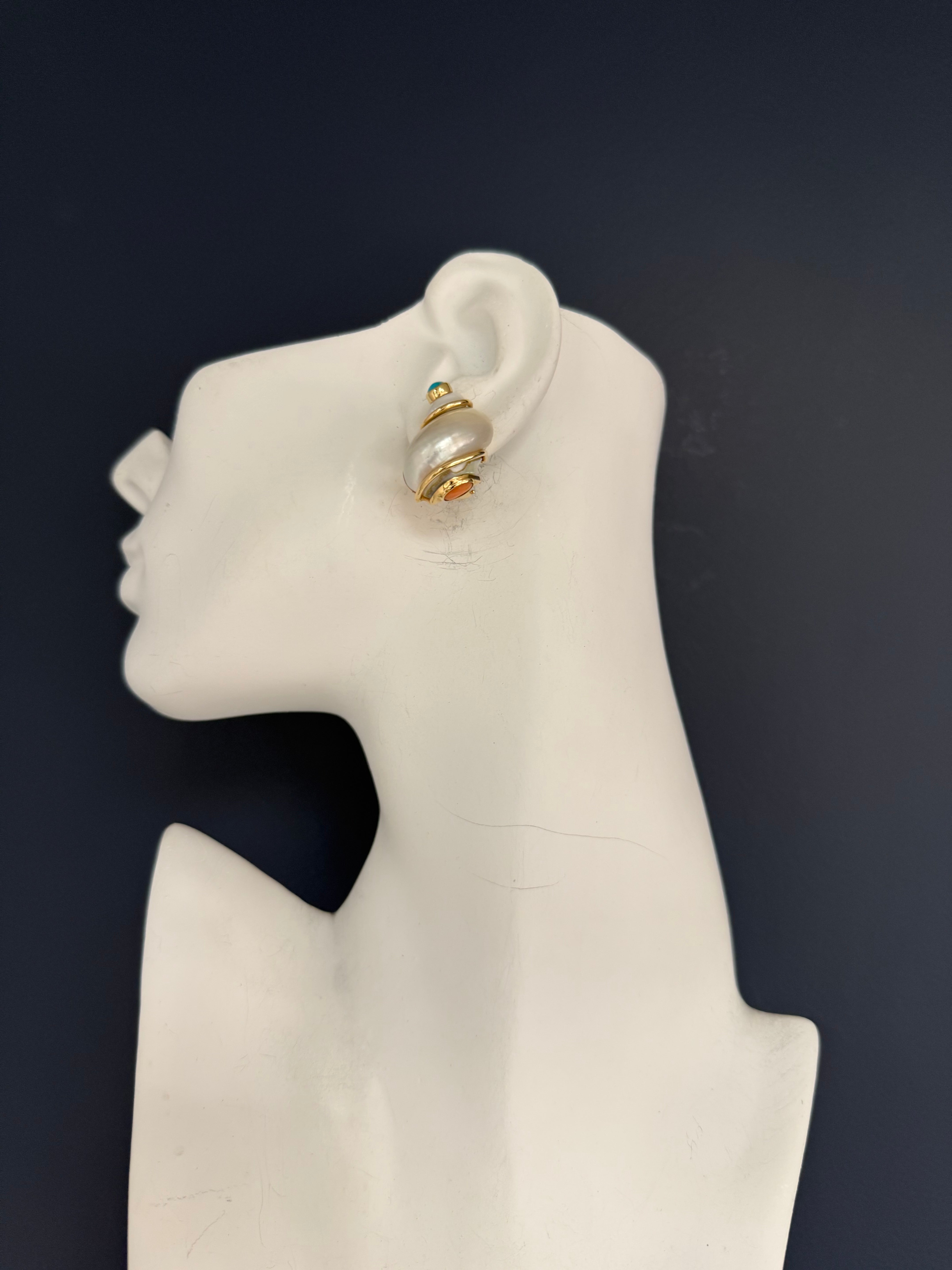Retro Gold Seaman Schepps Turbo Shell Turquoise & Coral Statement Earrings