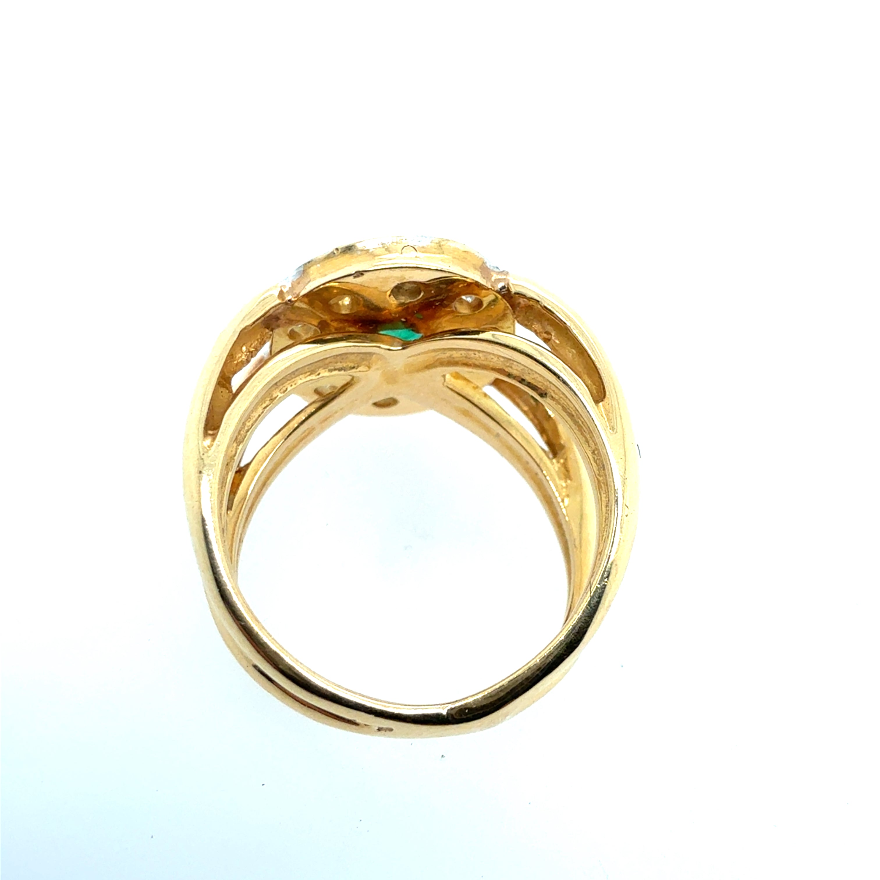 Retro 18K Yellow Gold Emerald & Diamond Split Shank Statement Ring Circa 1985