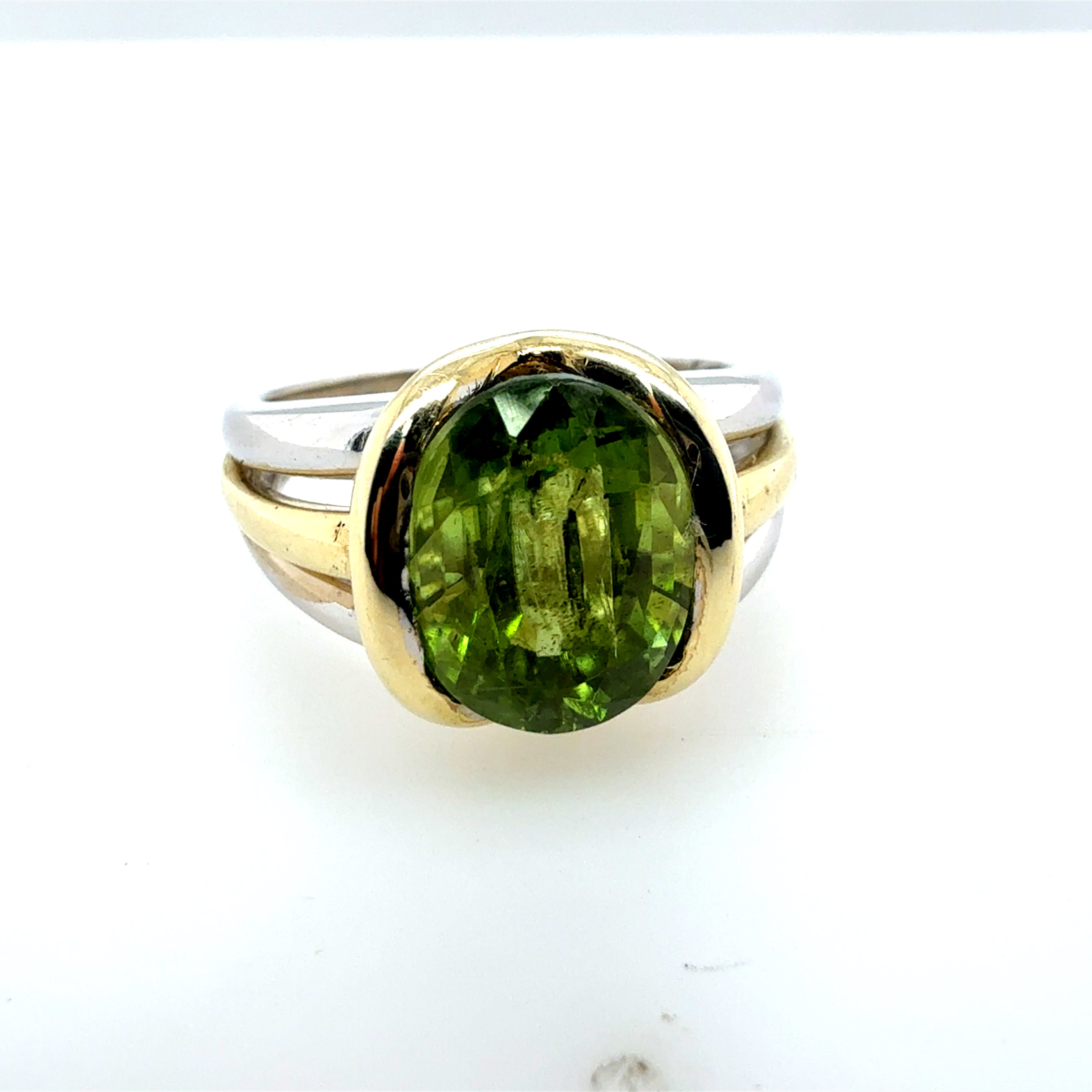 Retro Two Tone Gold Oval Green Peridot Cocktail Ring Circa 1995