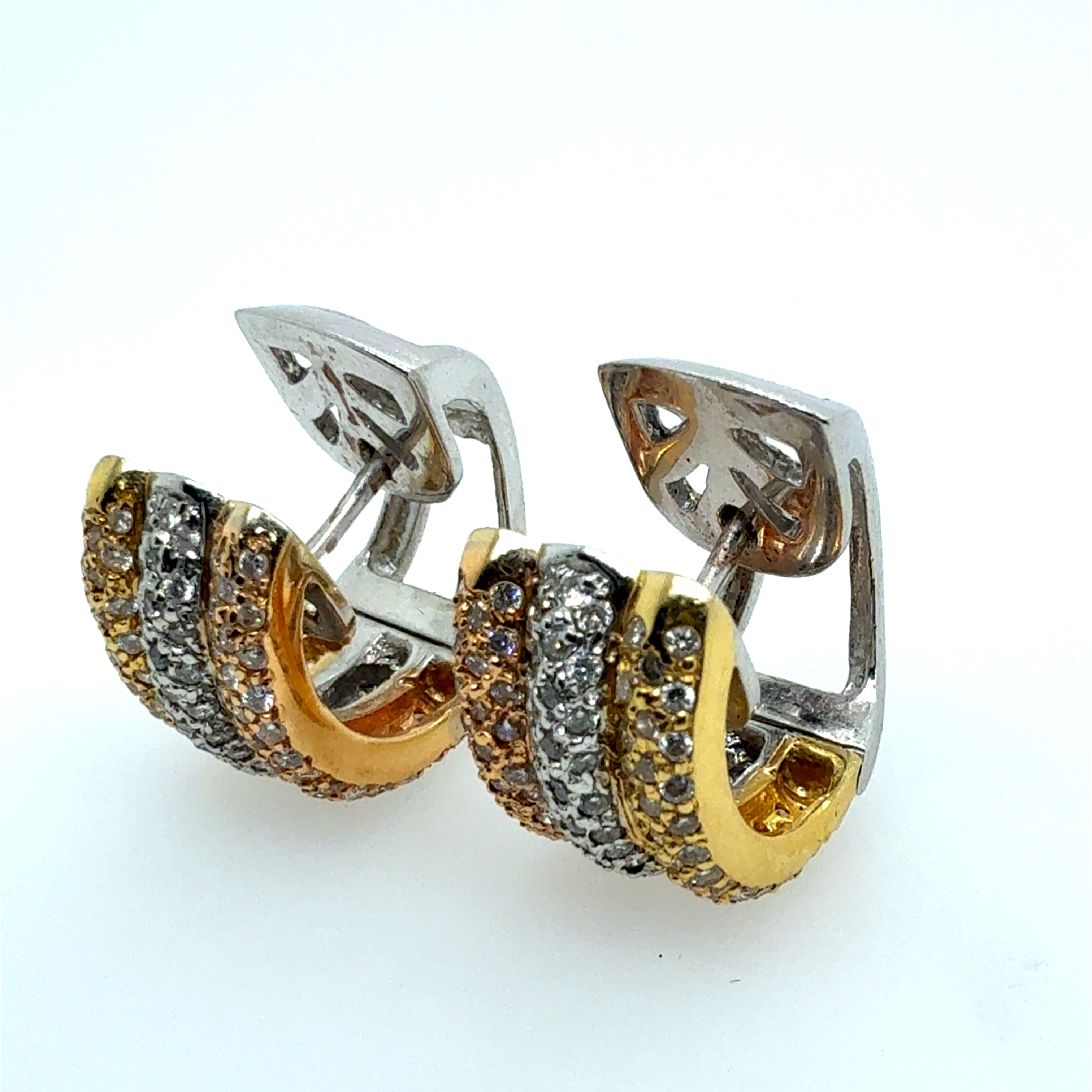 Modern Gold Tricolor Huggie Earrings with 1.50ct Natural Diamonds