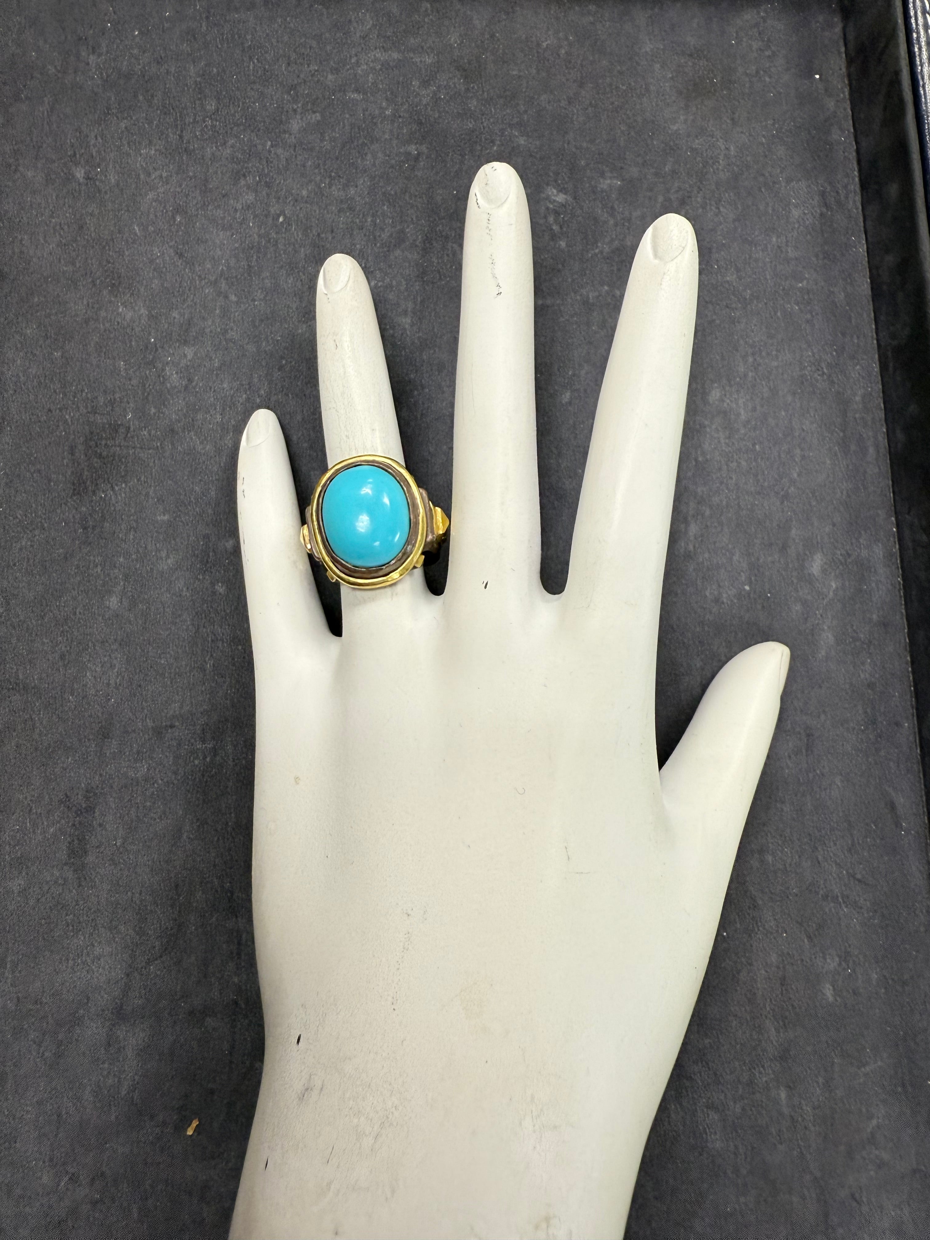 Retro 18K Gold & Silver 16mm Turquoise Cab Statement Ring Circa 2000