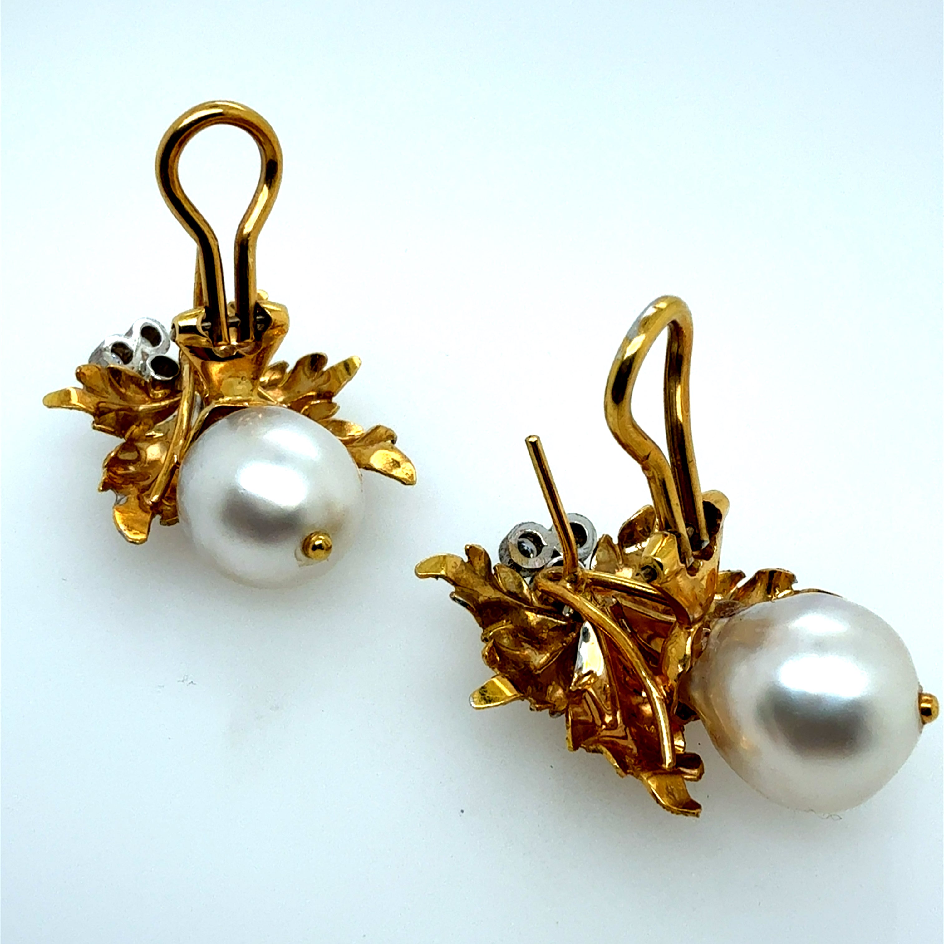 Retro Gold Natural Diamond and 11mm Pearl Leaf Earrings, Circa 1970