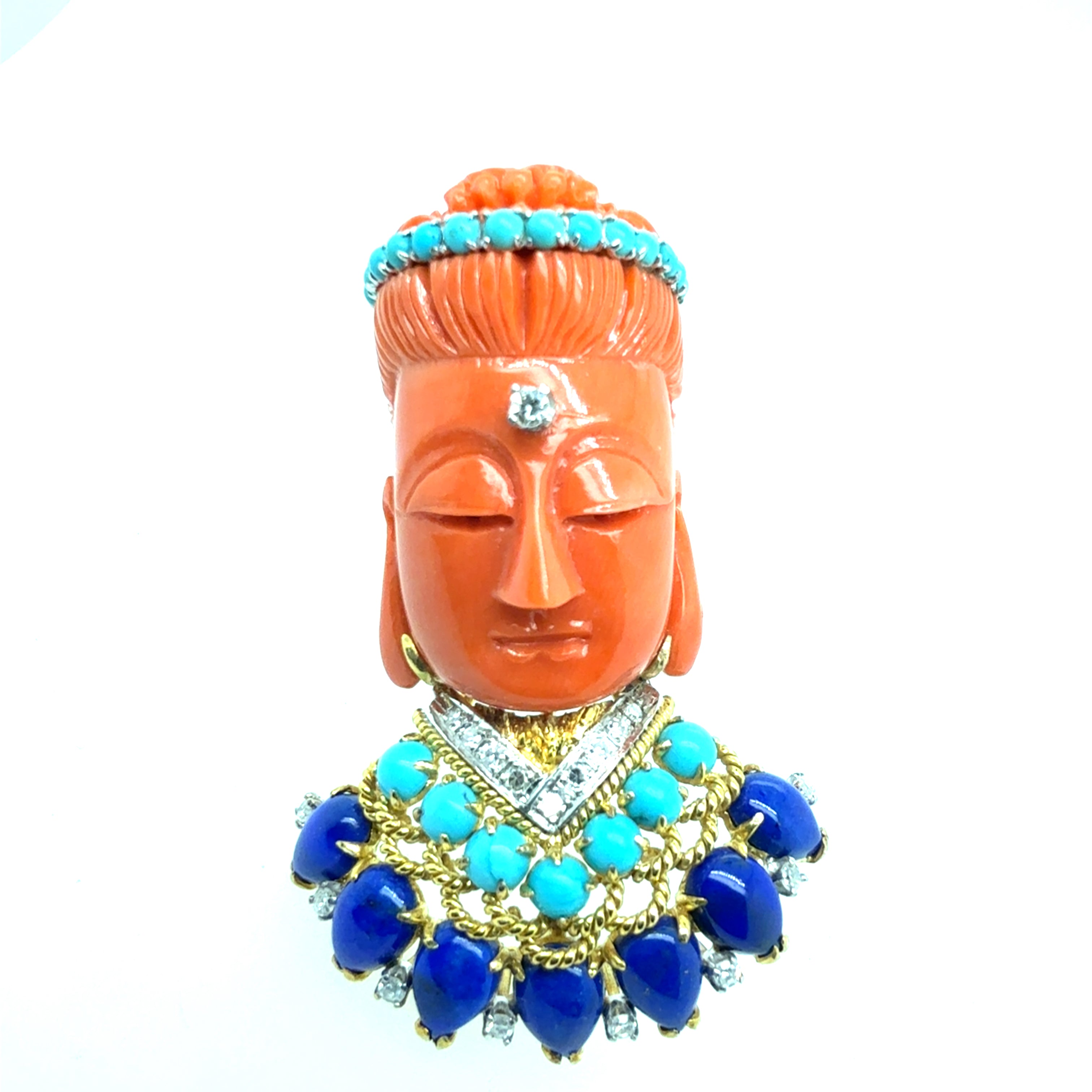 Retro Gold Buddha Turquoise Lapis & Diamond Brooch-Pin Circa 1950