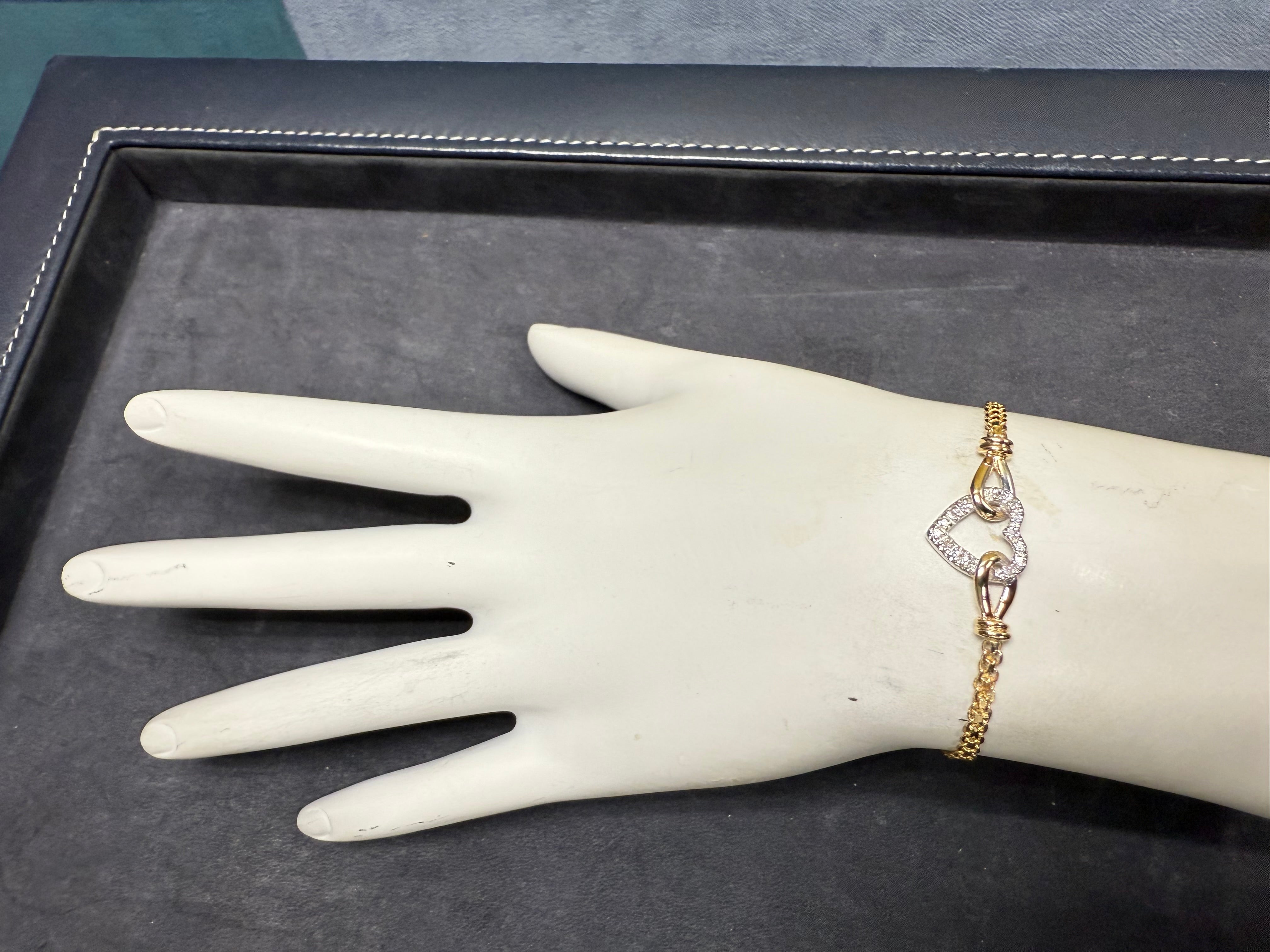 Retro 14K Two Tone Gold Natural Diamond Heart Bracelet Circa 1980