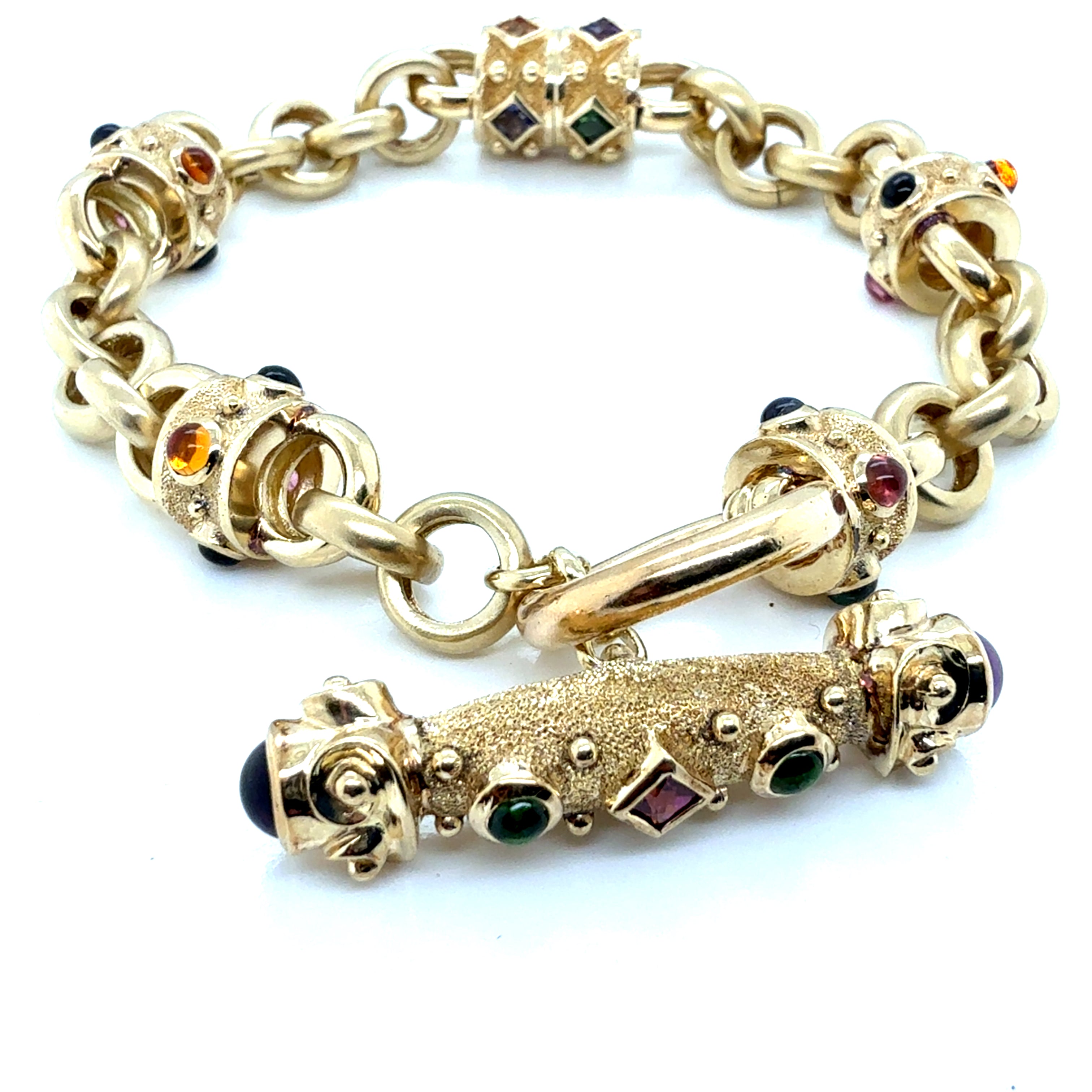 Statement 14K Gold Toggle Bracelet with Amethyst, Sapphire, Tourmaline Cabochon