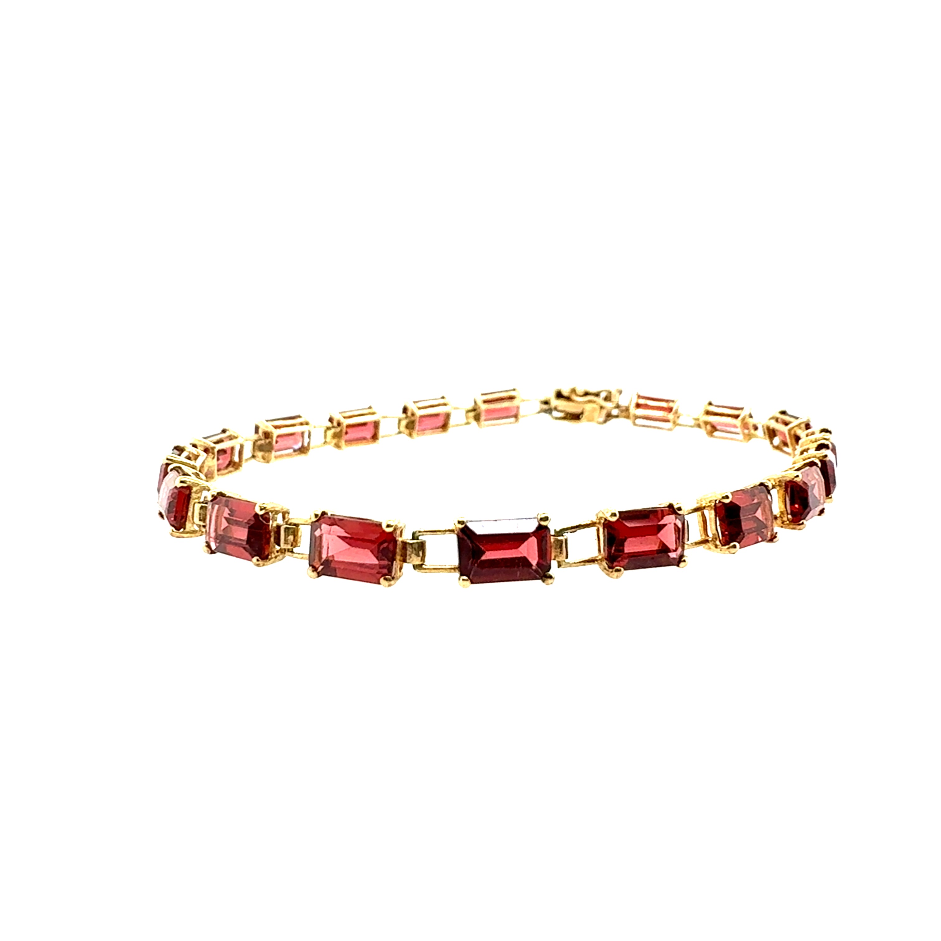 Retro Yellow Gold Reddish Garnet-Like Emerald Cut Tennis Bracelet