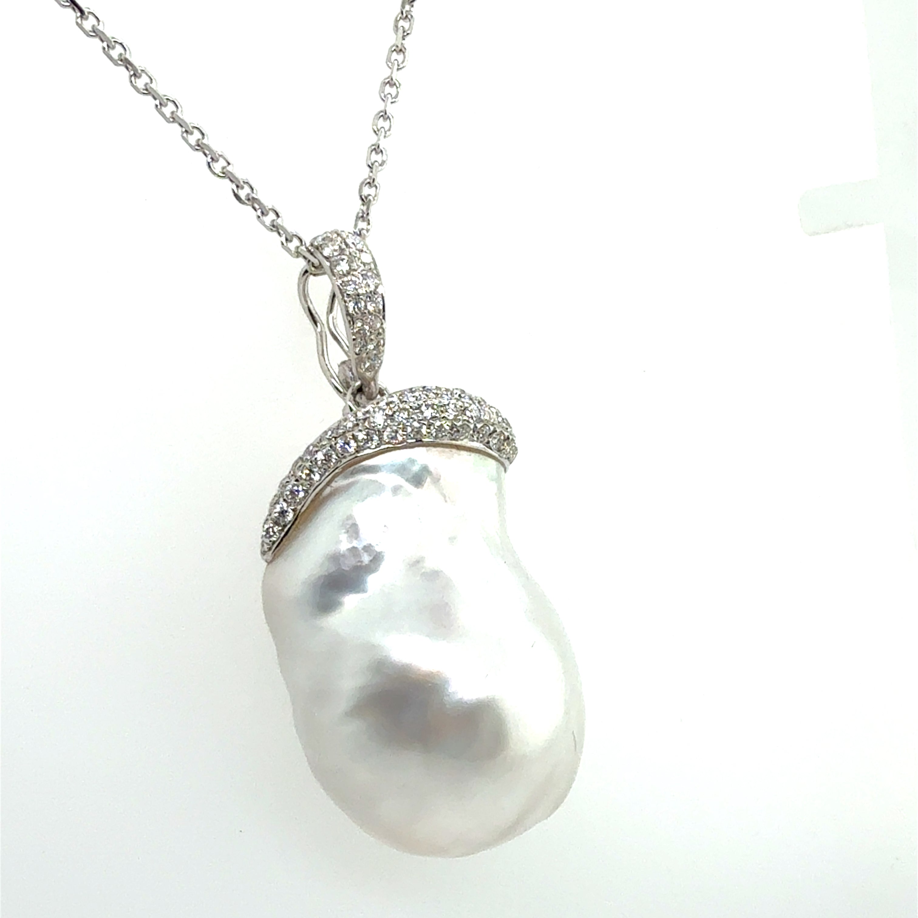 Retro White Gold Natural Australian Baroque South Sea Pearl & Diamond Pendant