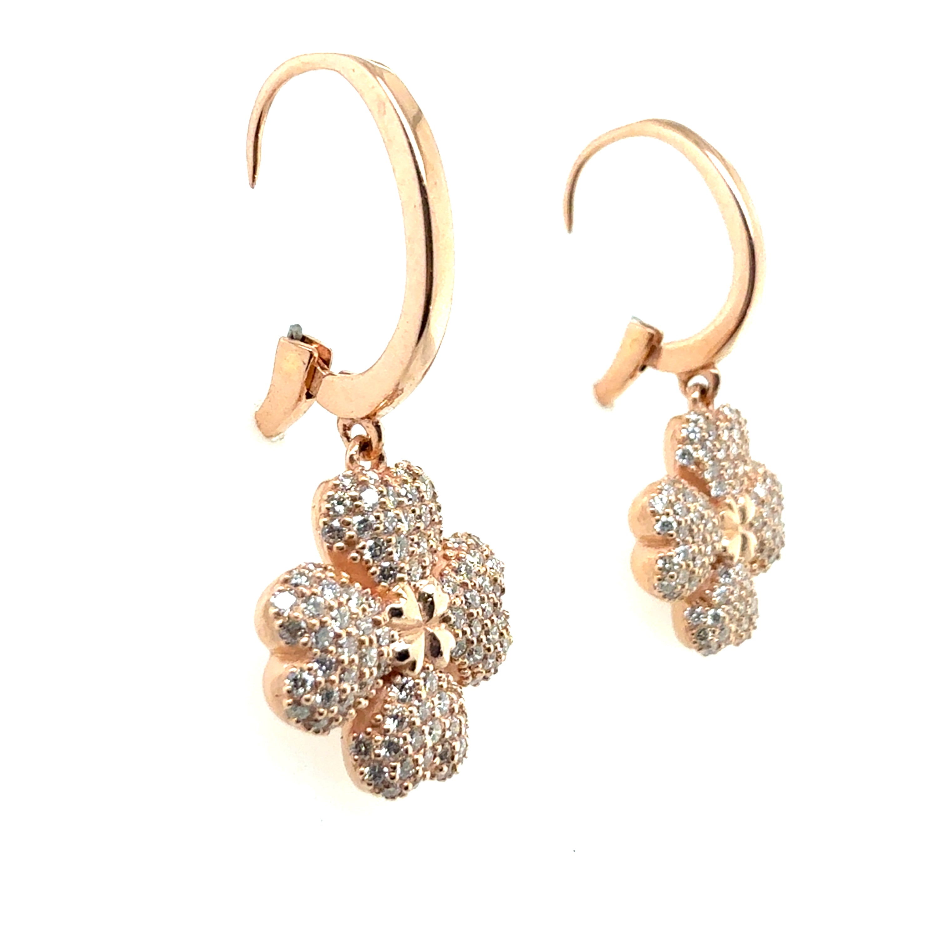 Modern 14K Rose Gold 1.25ct Natural Diamond Flower Clover Drop Earrings