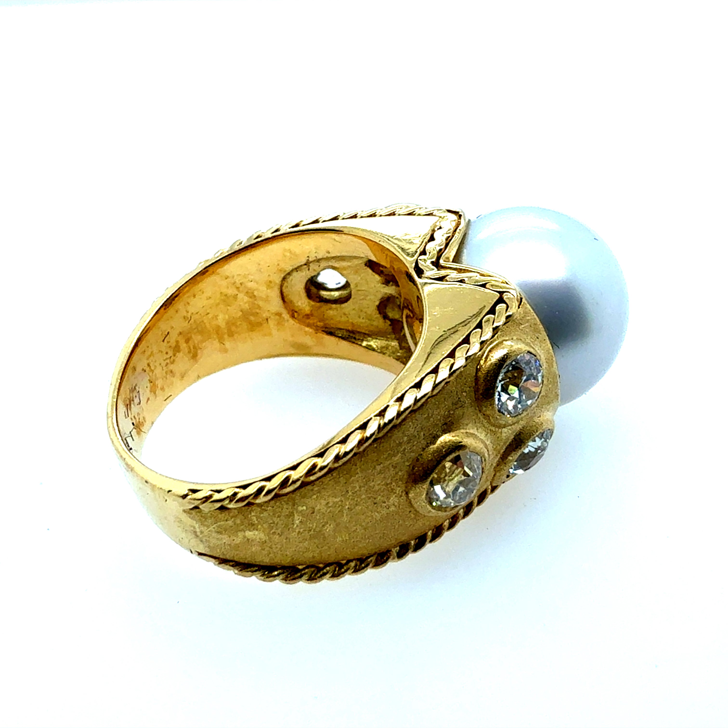 Retro Gold Natural 1 CT Old Mine Cut Diamond & South Sea Pearl Ring Circa 1990