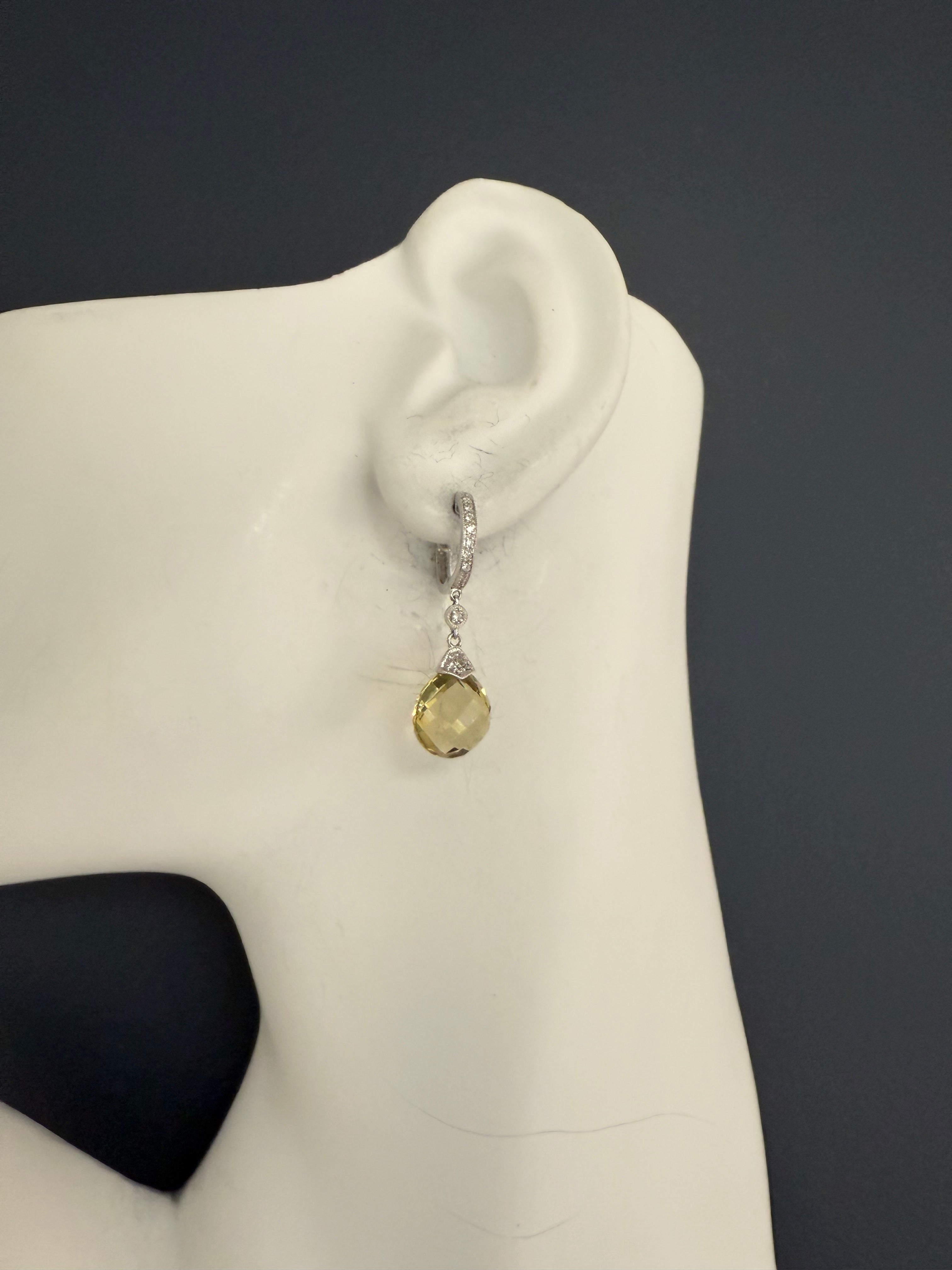 Modern 14K White Gold Rose-Cut Citrine Quartz and Natural Diamond Drop Earrings