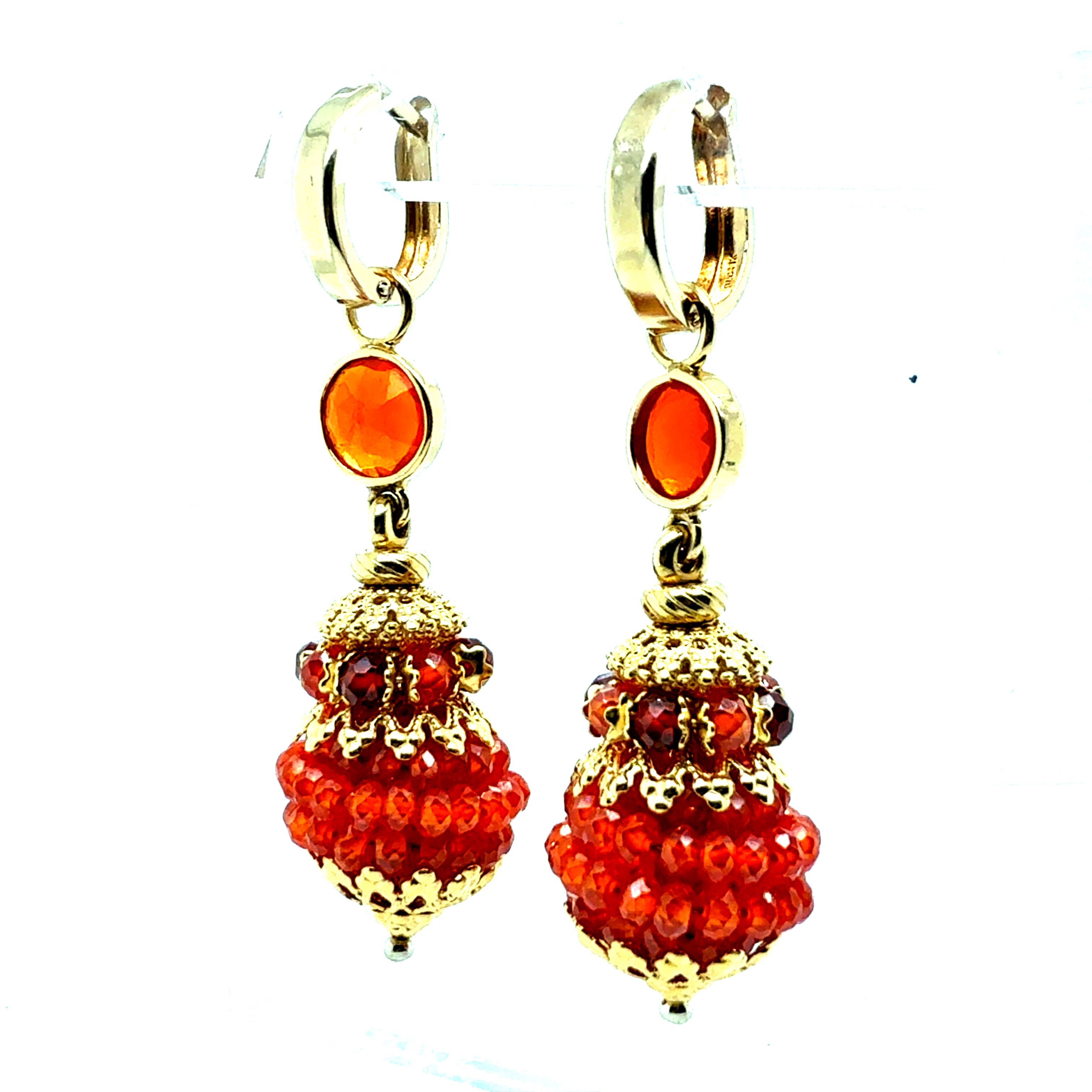 Retro Gold Drop Earrings with Layered Orange Mexican Rose Cut Opals