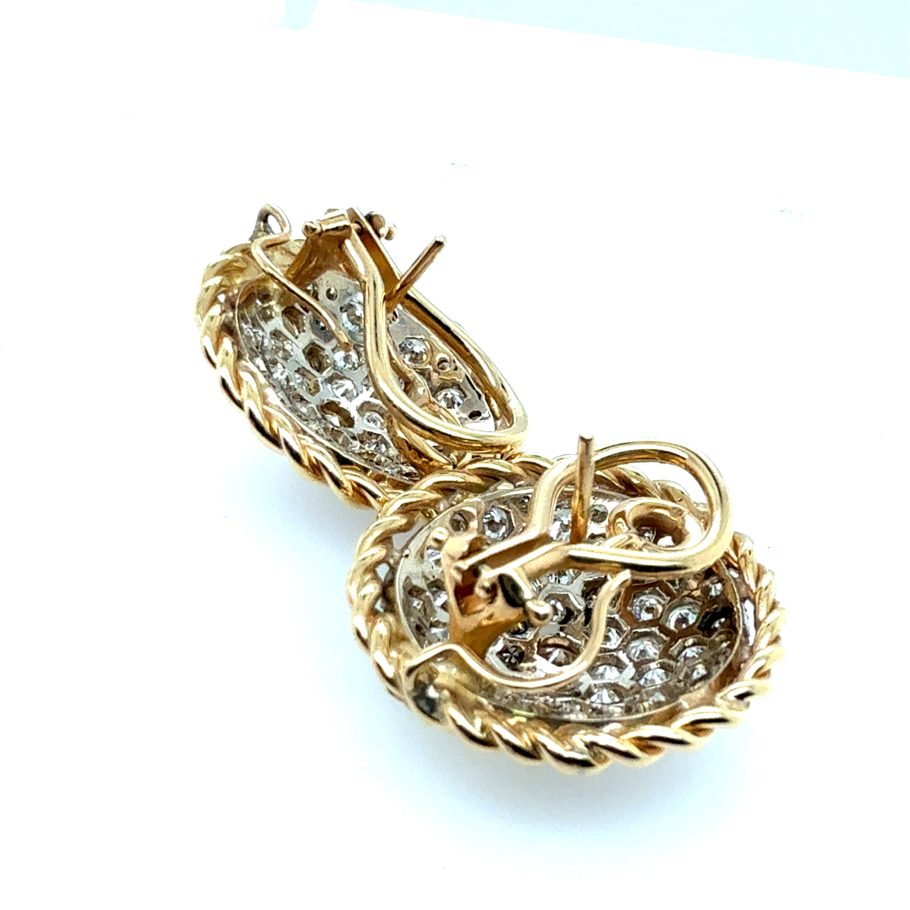 Retro Gold 3 Carat Natural Round & Baguette Colorless Diamond Earrings