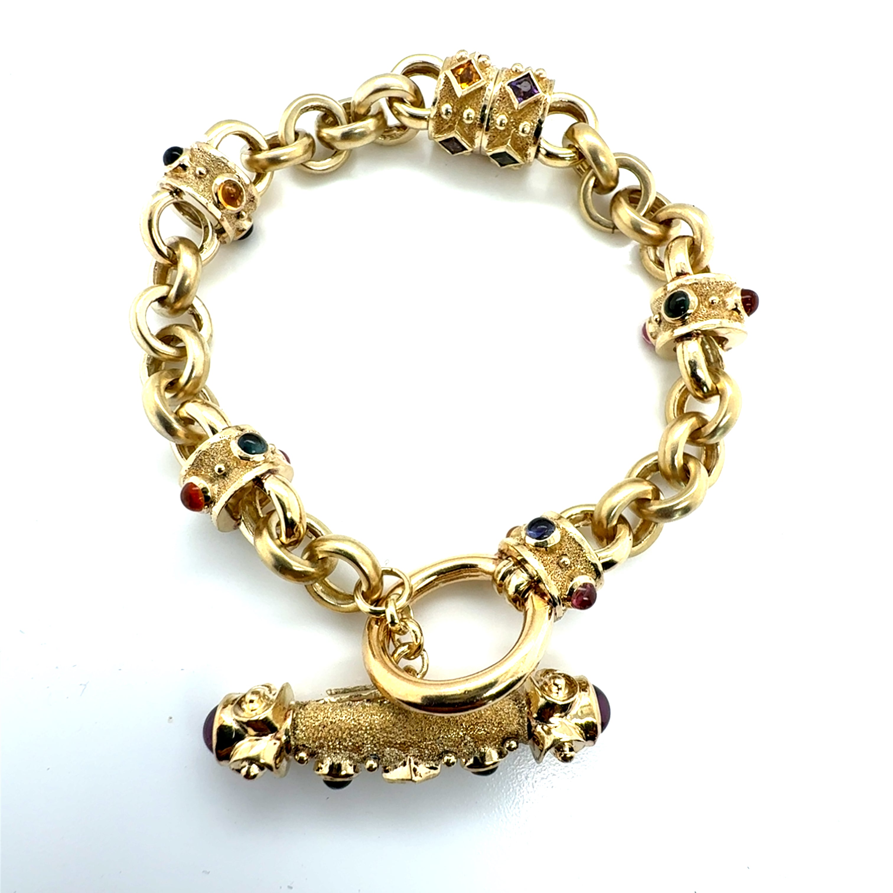 Statement 14K Gold Toggle Bracelet with Amethyst, Sapphire, Tourmaline Cabochon