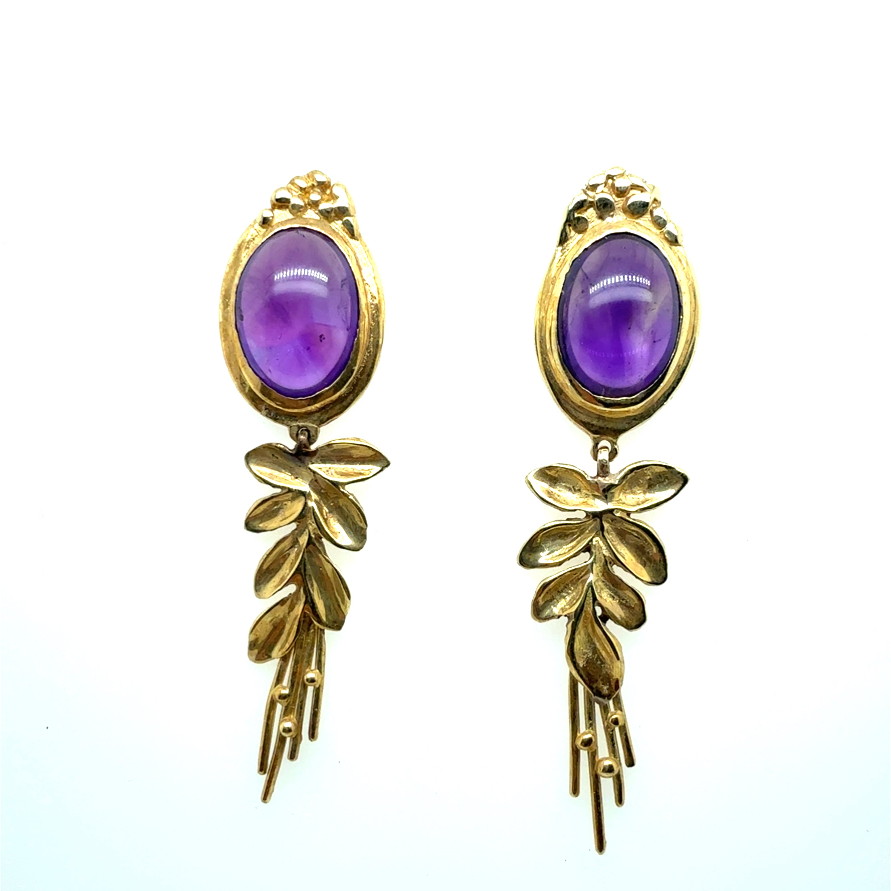 Retro Yellow Gold Oval Cabochon Purple Amethyst Drop Earrings Circa 1970