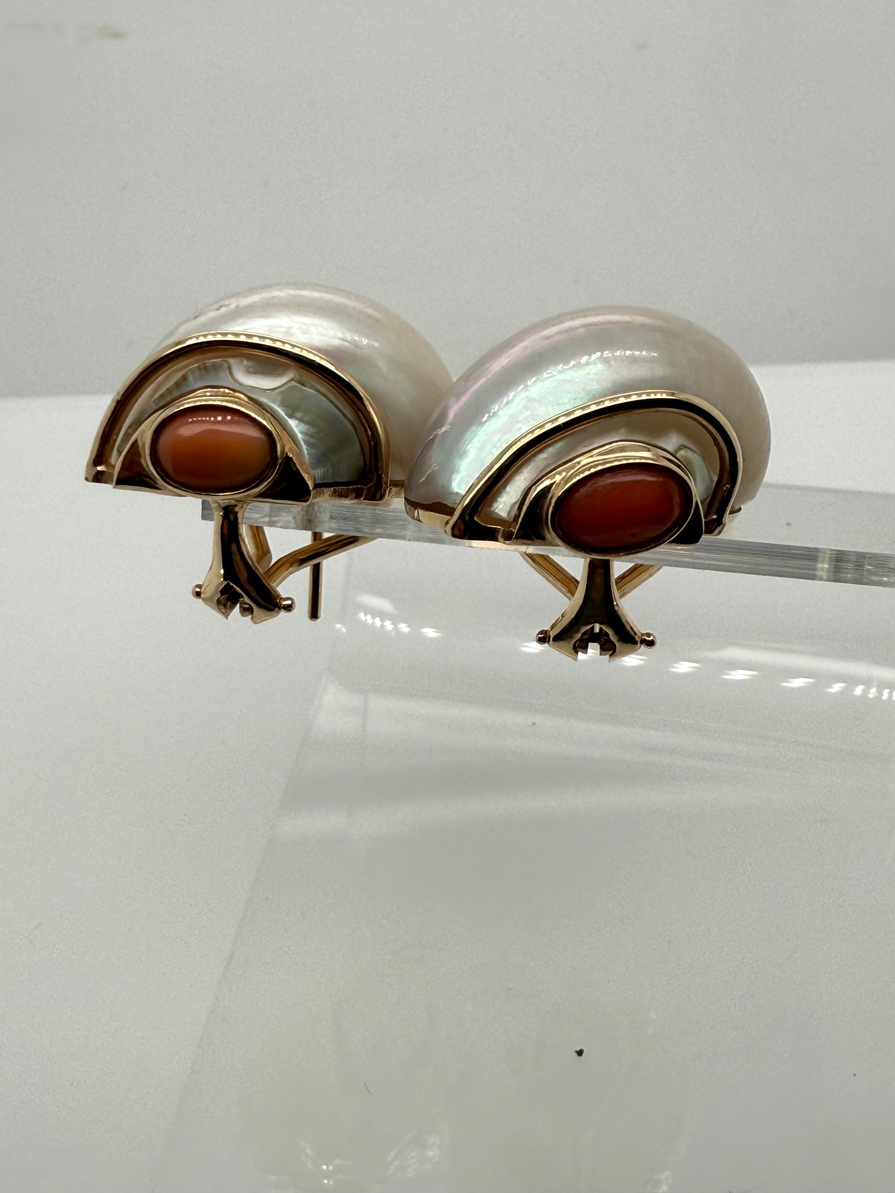 Retro Gold Seaman Schepps Turbo Shell Turquoise & Coral Statement Earrings