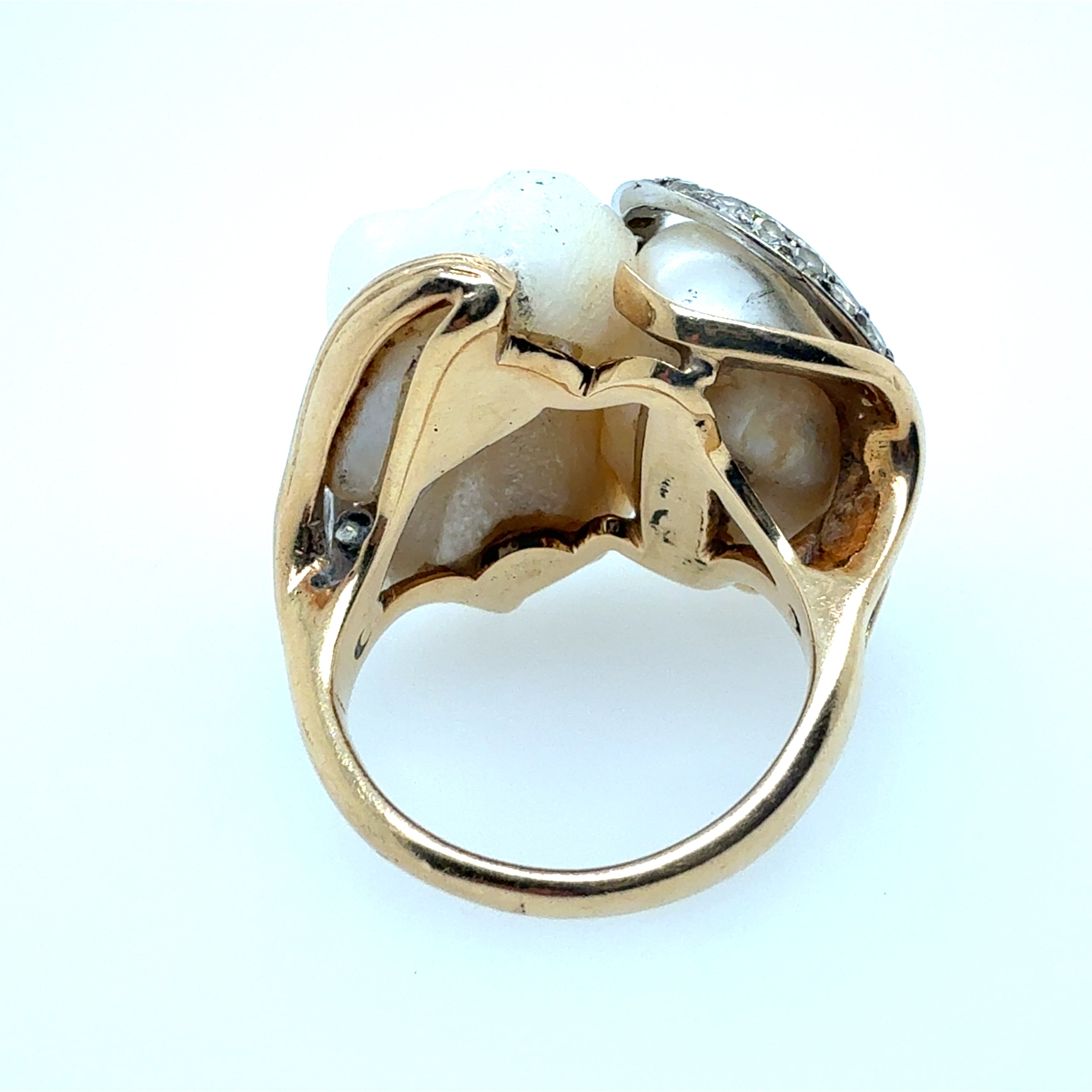 Retro Yellow Gold 0.75 Carat Natural Diamond and Pearl Cocktail Ring Circa 1960