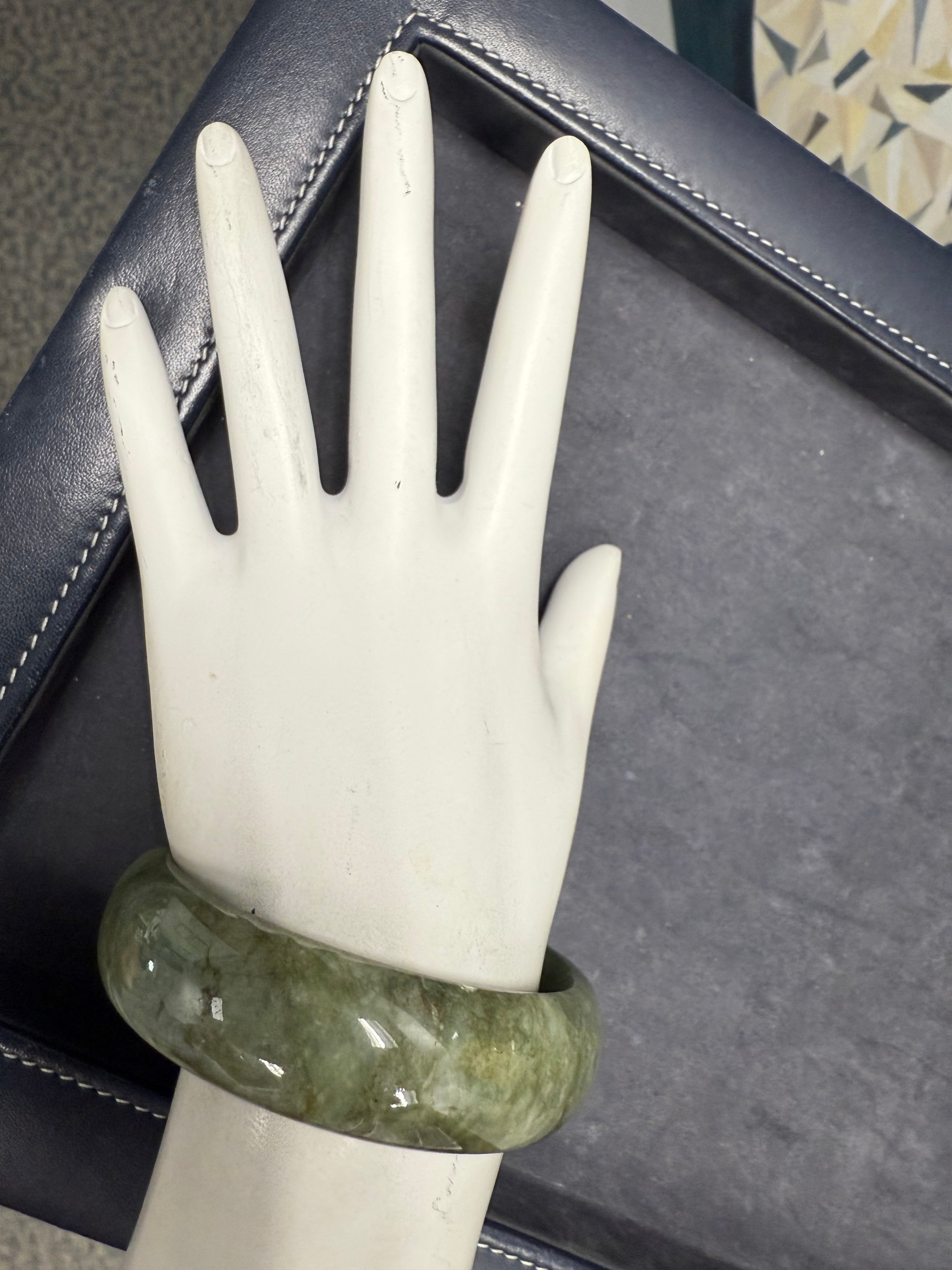 Retro Natural Green Jade 6.75 Inch Inner Bangle Bracelet 18mm Wide Circa 1980