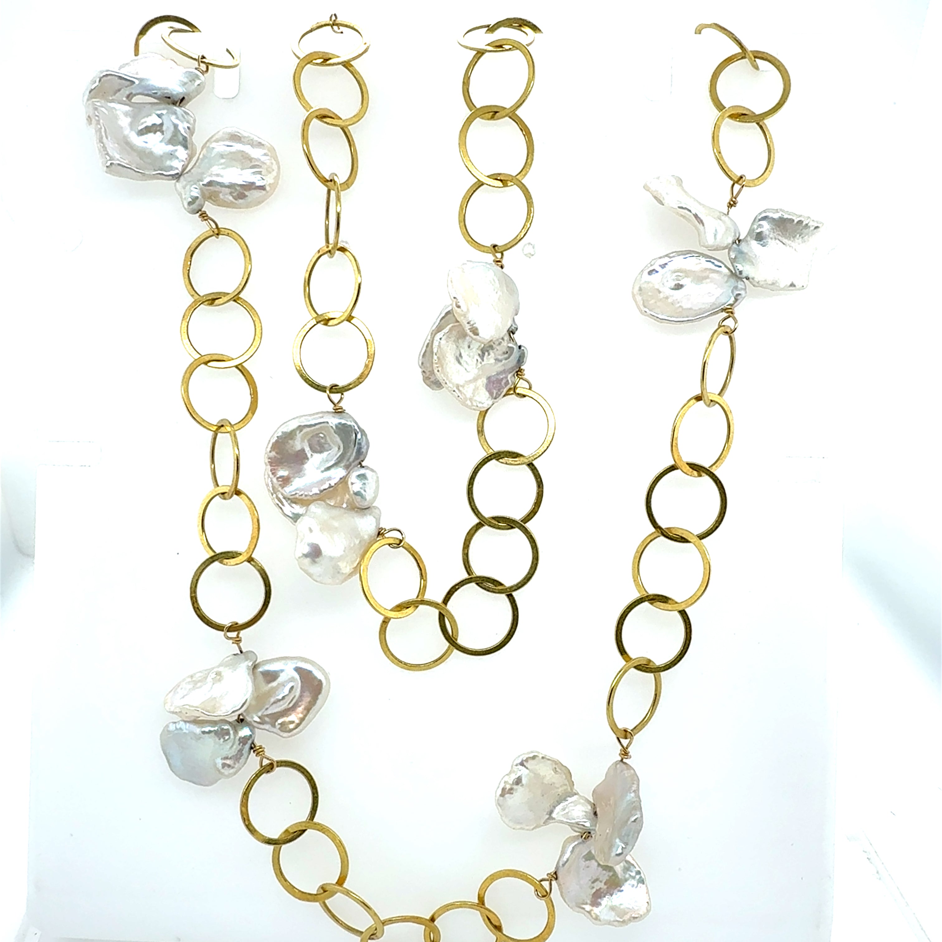 Retro Yellow Gold 36-Inch Keshi Pearl Opera Circular Ring Necklace Circa 1990