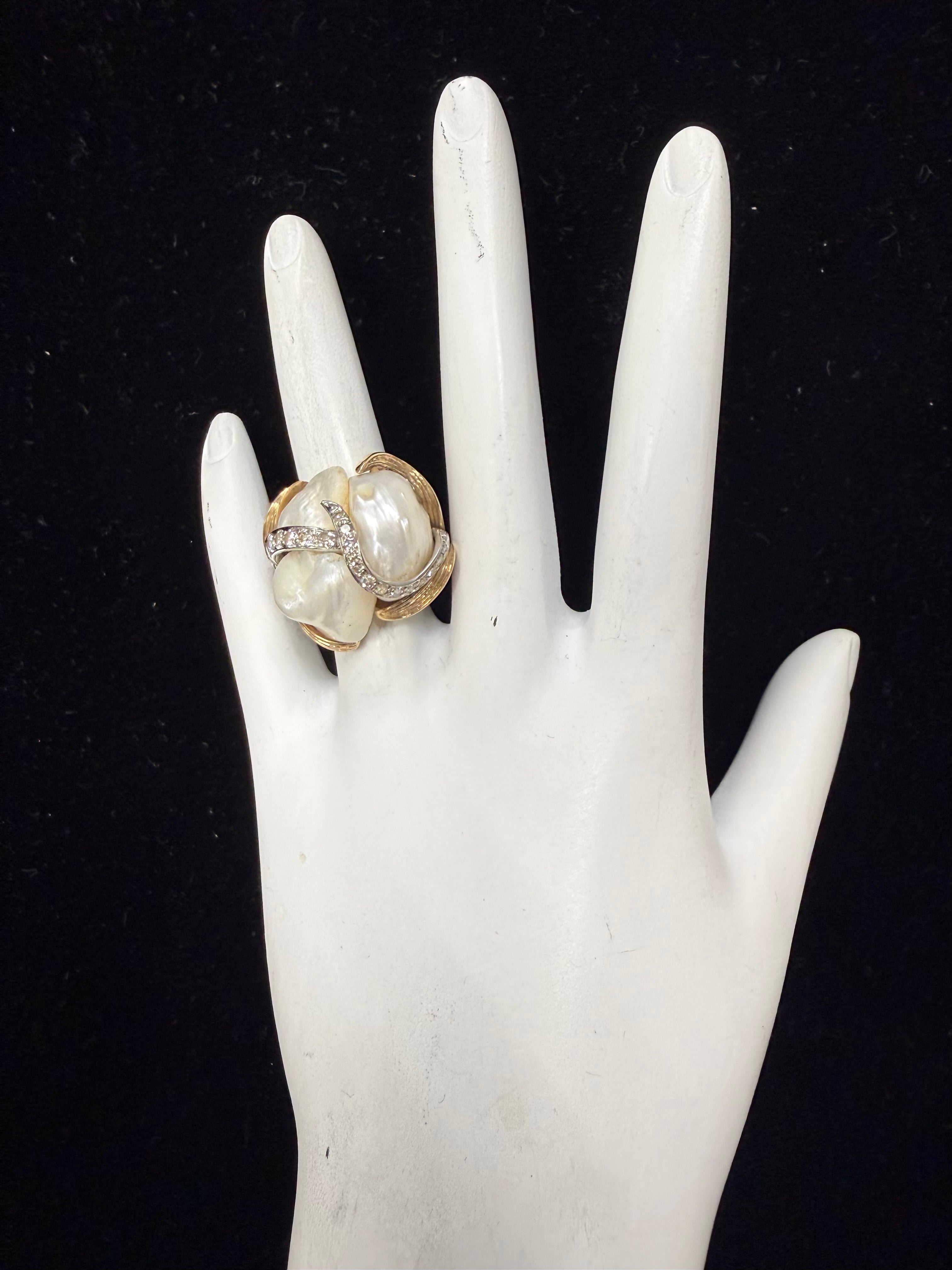 Retro Yellow Gold 0.75 Carat Natural Diamond and Pearl Cocktail Ring Circa 1960