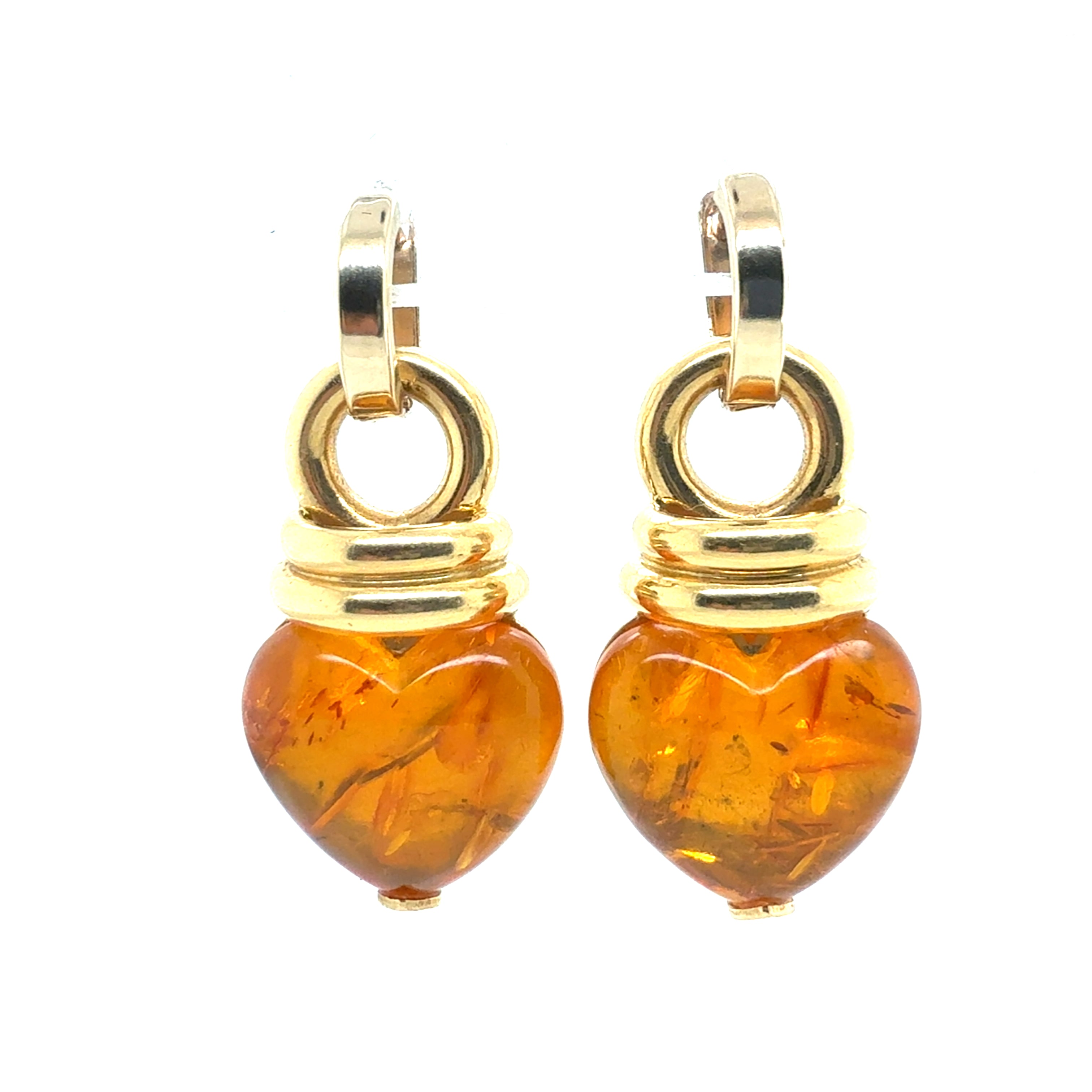 Retro 18K Yellow Gold Heart-Shaped Amber Drop Earrings by Le-Gi