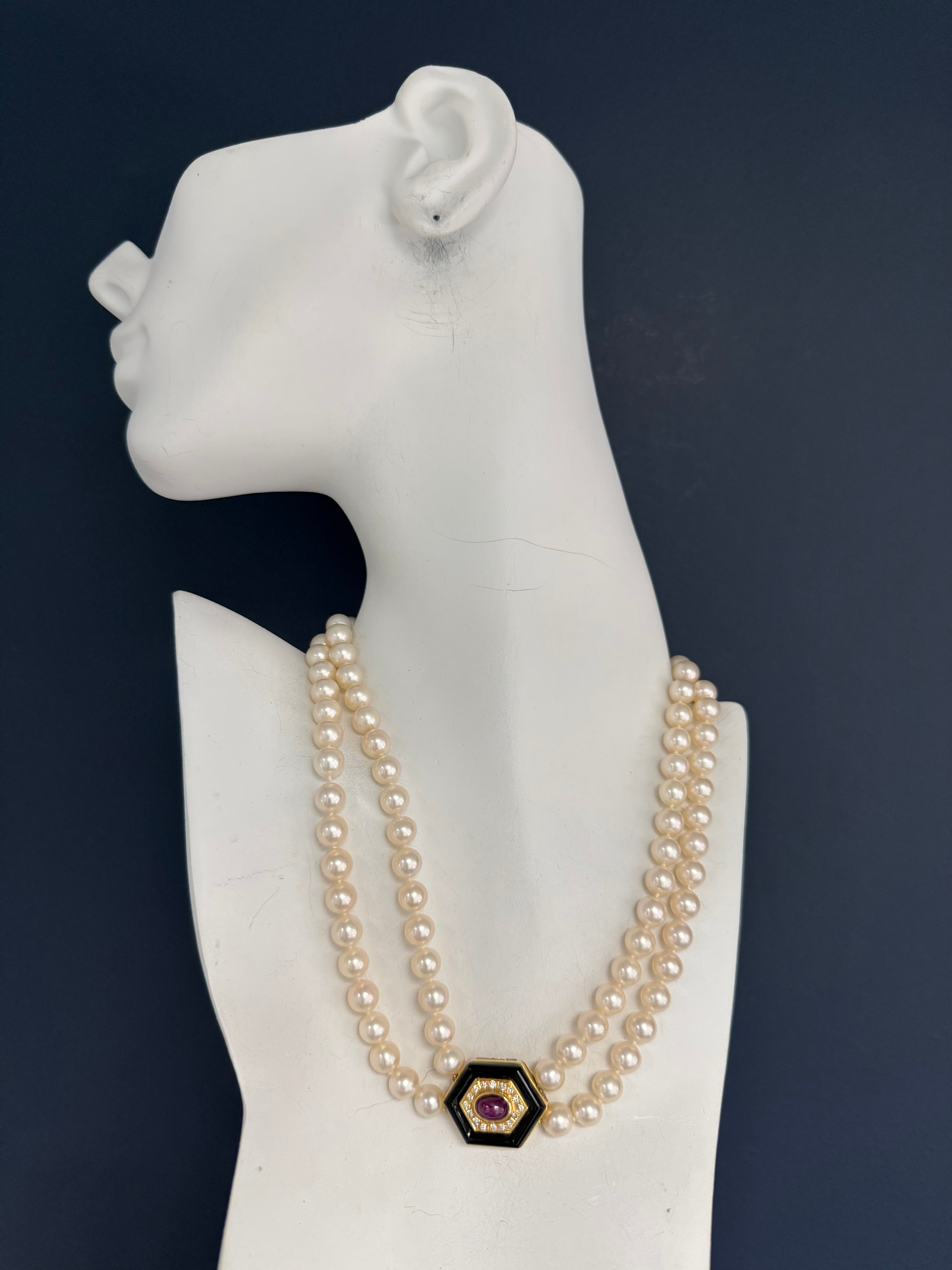 Retro Gold Double Row Pearl Onyx 0.4ct Natural Diamond Ruby CAB Necklace 1980