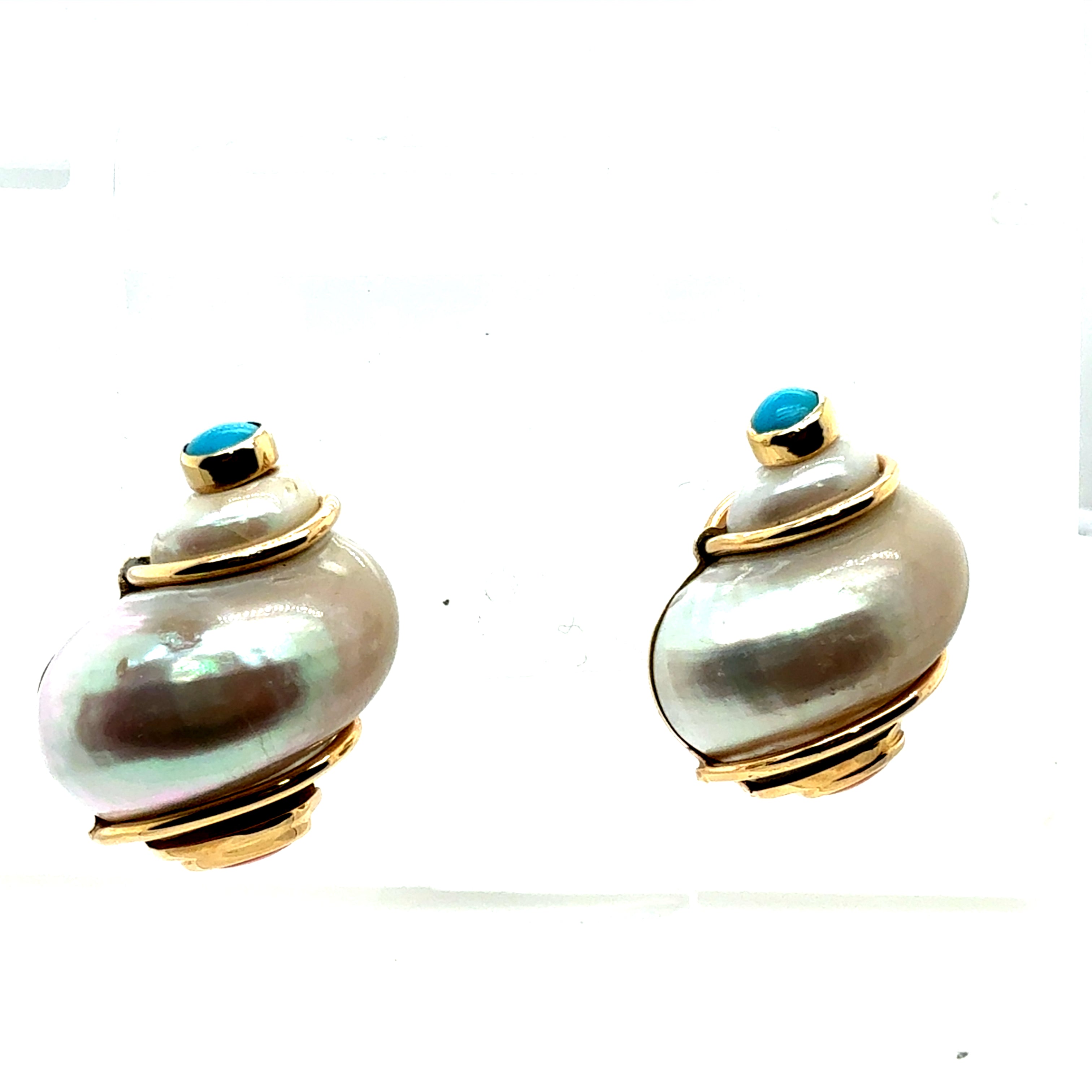 Retro Gold Signed Seaman Schepps Turbo Shell Turquoise & Coral Statement Earrings