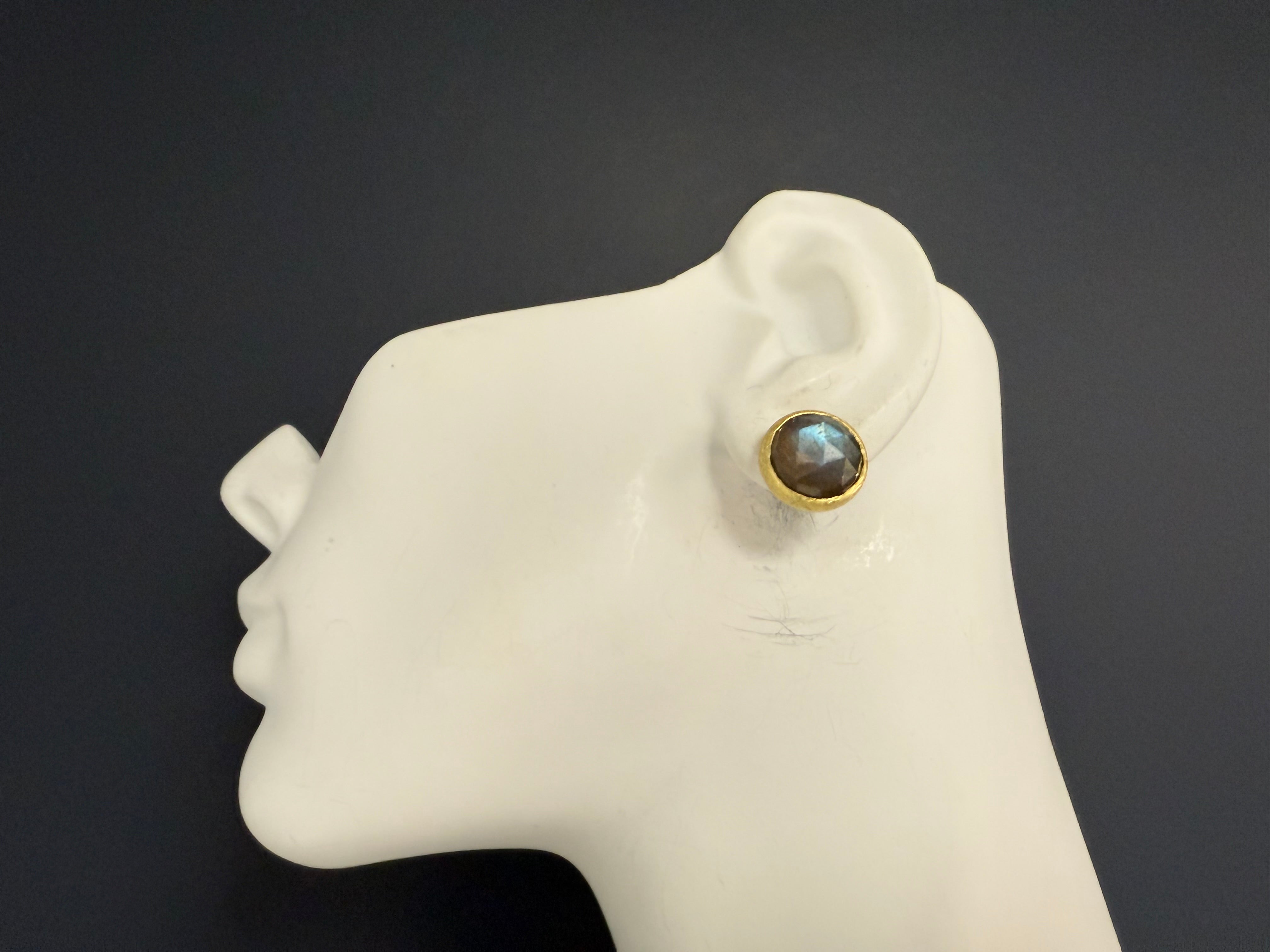 Modern Brushed Yellow Gold Rose-Cut Labradorite Statement Earrings