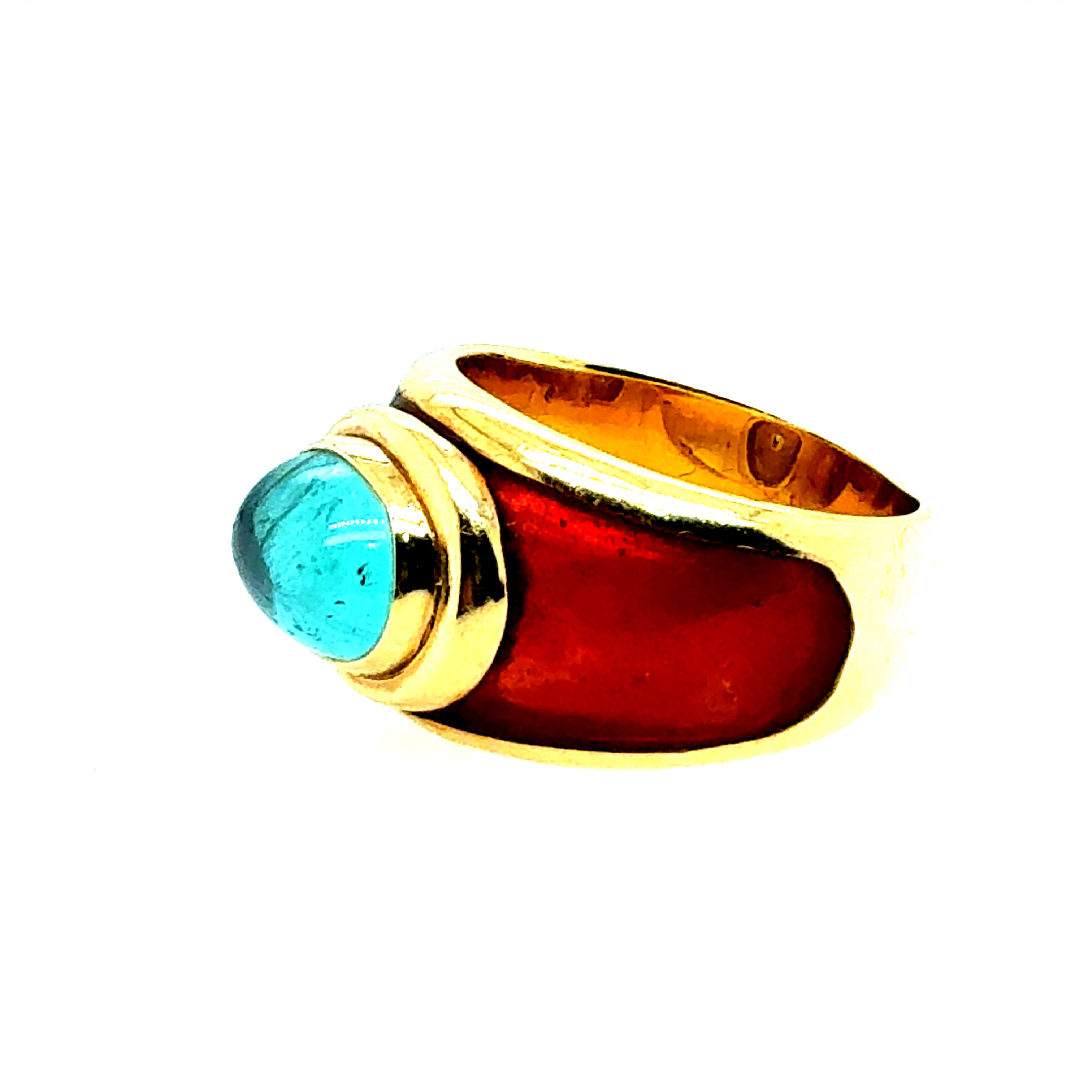 Retro Yellow Gold Tourmaline Cabochon with Caramel Enamel Statement Ring