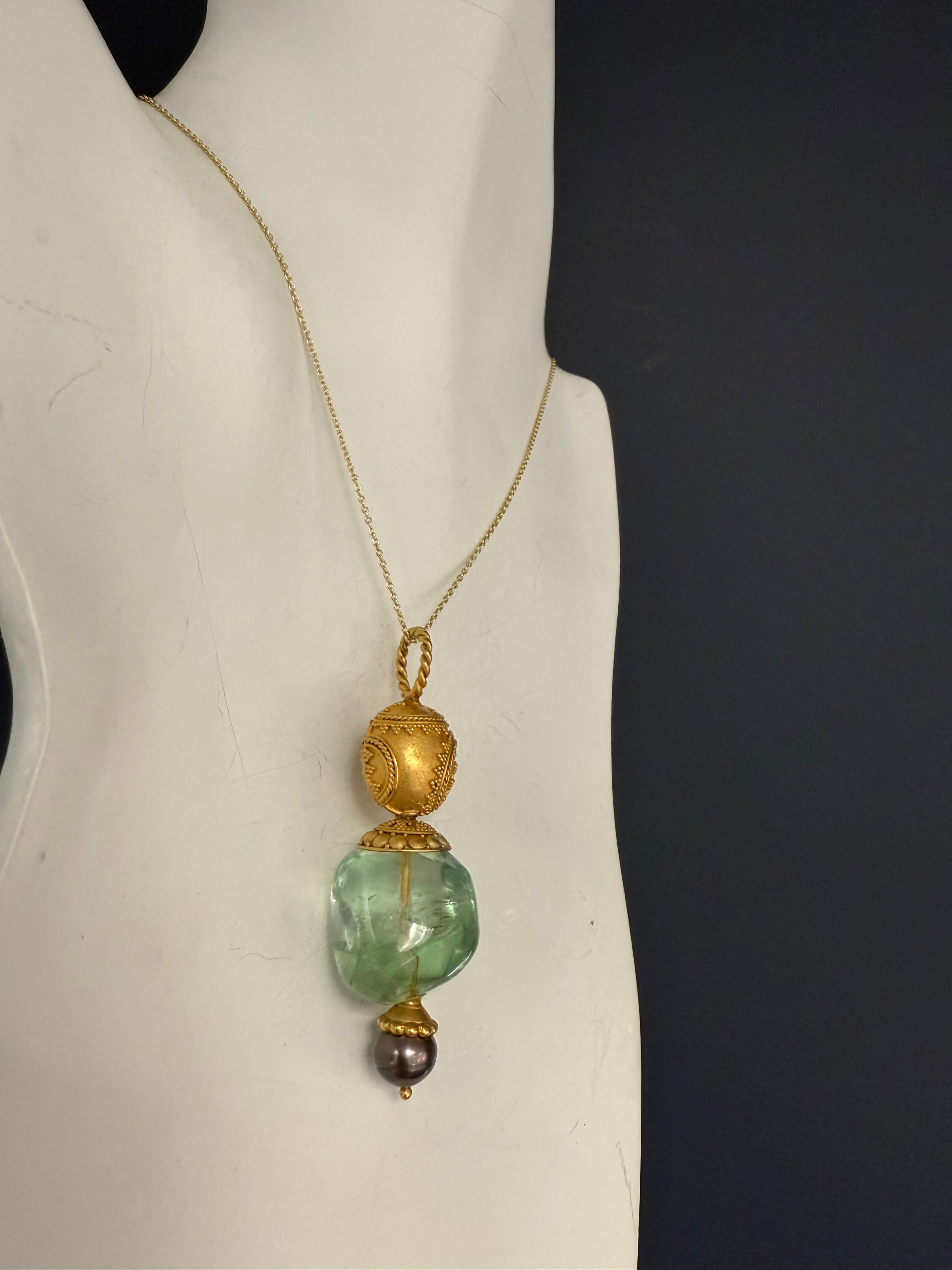 Retro Silver Statement Pendant Green Fluorite And Black Tahitian Pearl