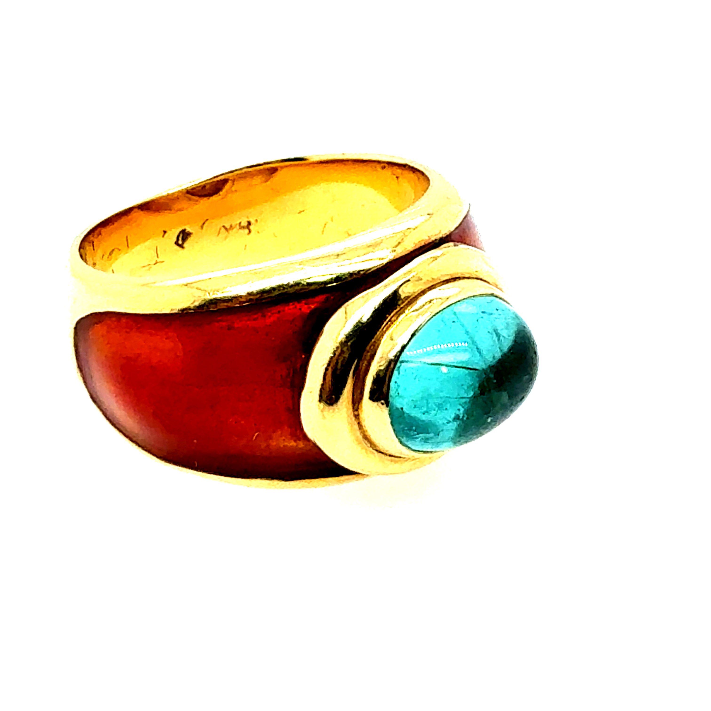 Retro Yellow Gold Tourmaline Cabochon with Caramel Enamel Statement Ring
