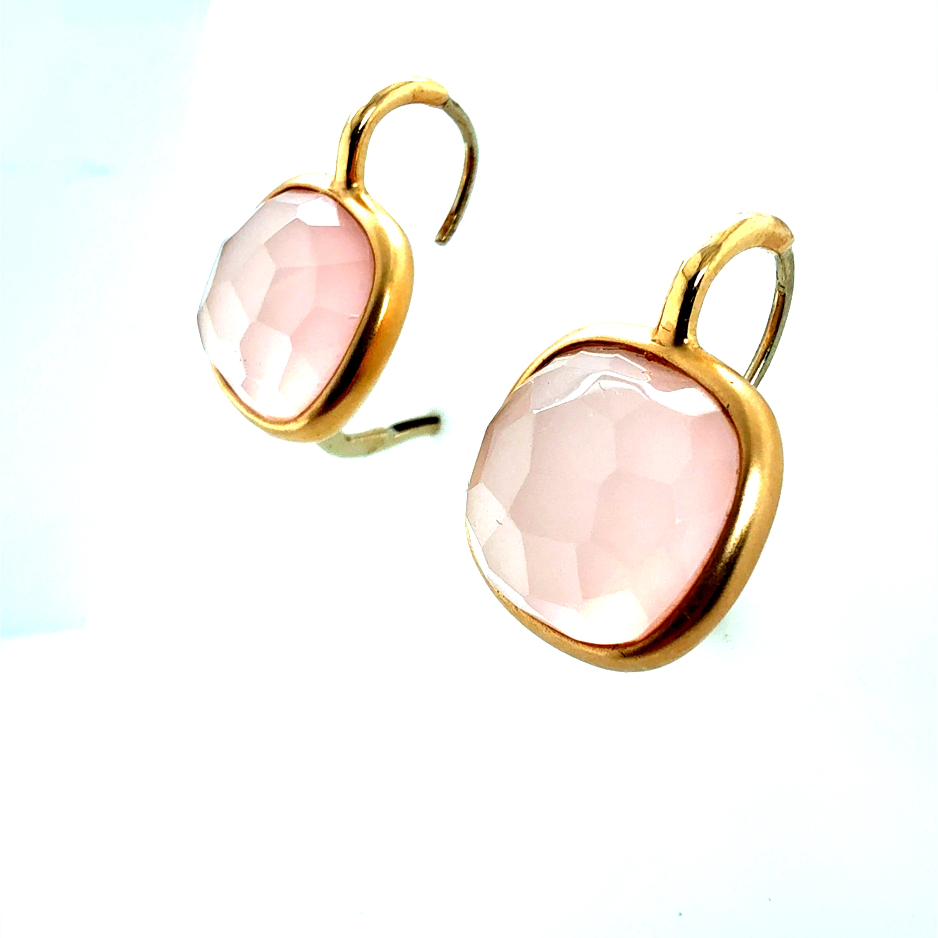 Modern Satin Gold Rose Quartz Statement Earrings, Made in Italy