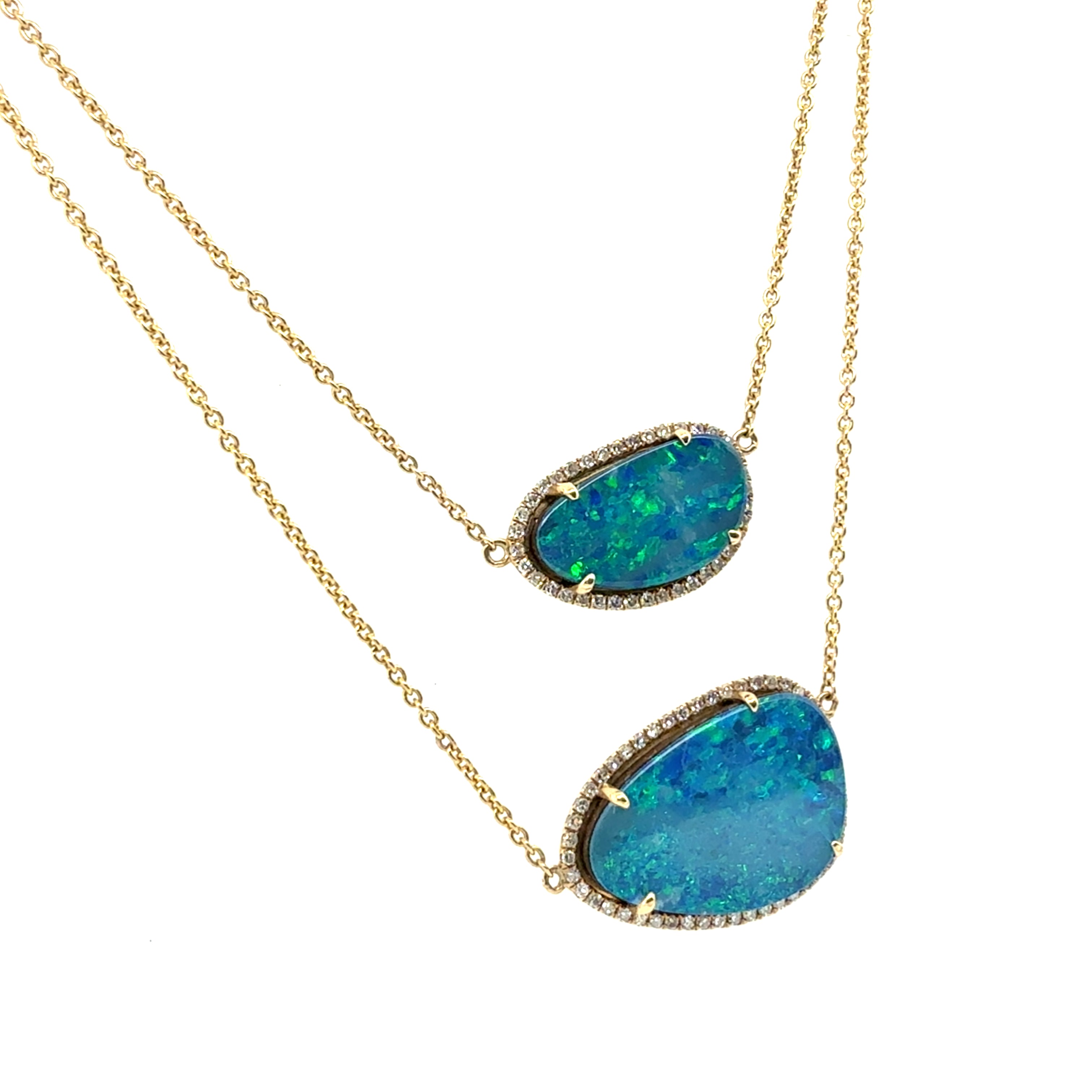 Modern 14K Gold Opal Doublet & Natural Diamond Two Strand Statement Necklace