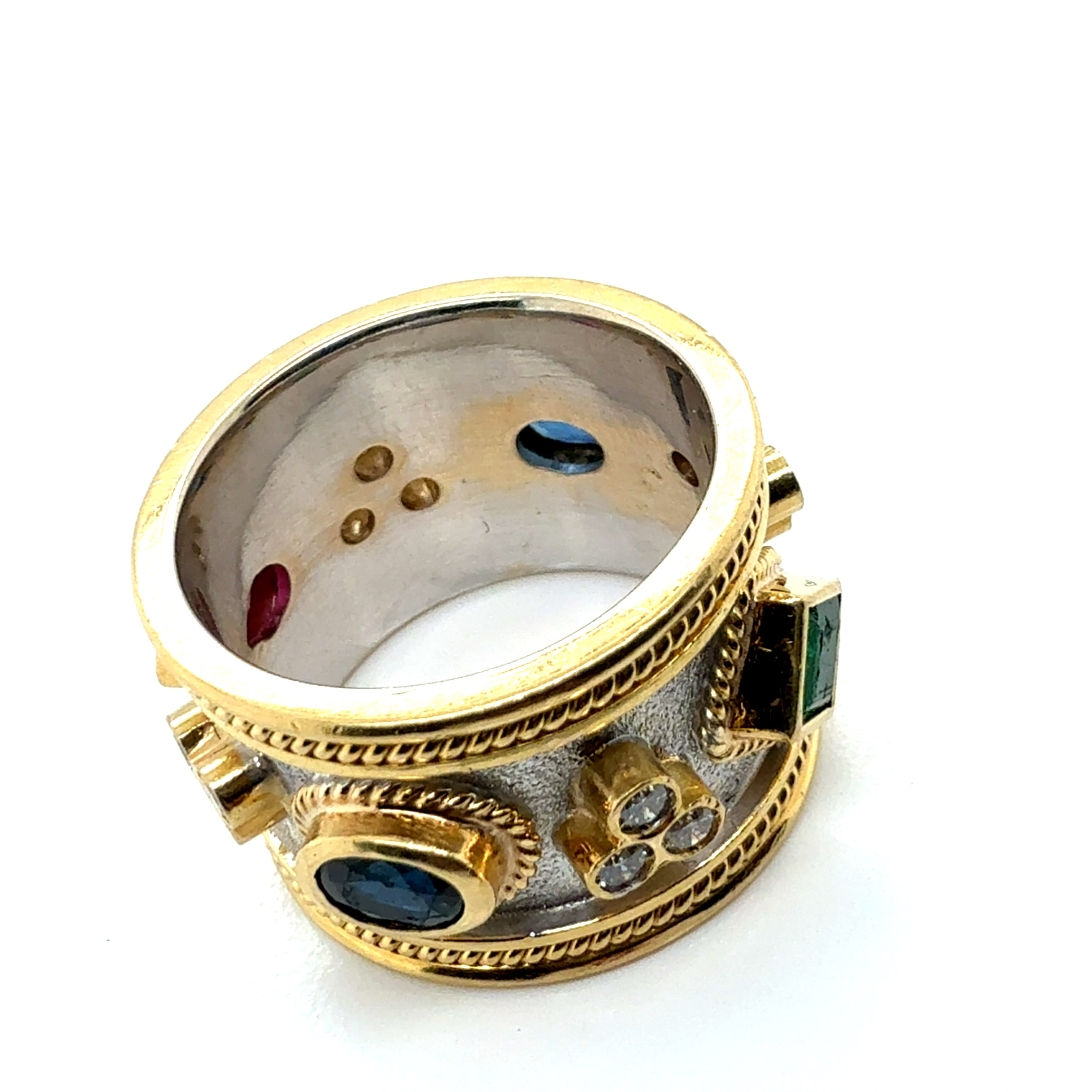 Retro Two-Tone Gold Natural Multi Color Gem & Diamond Statement Band