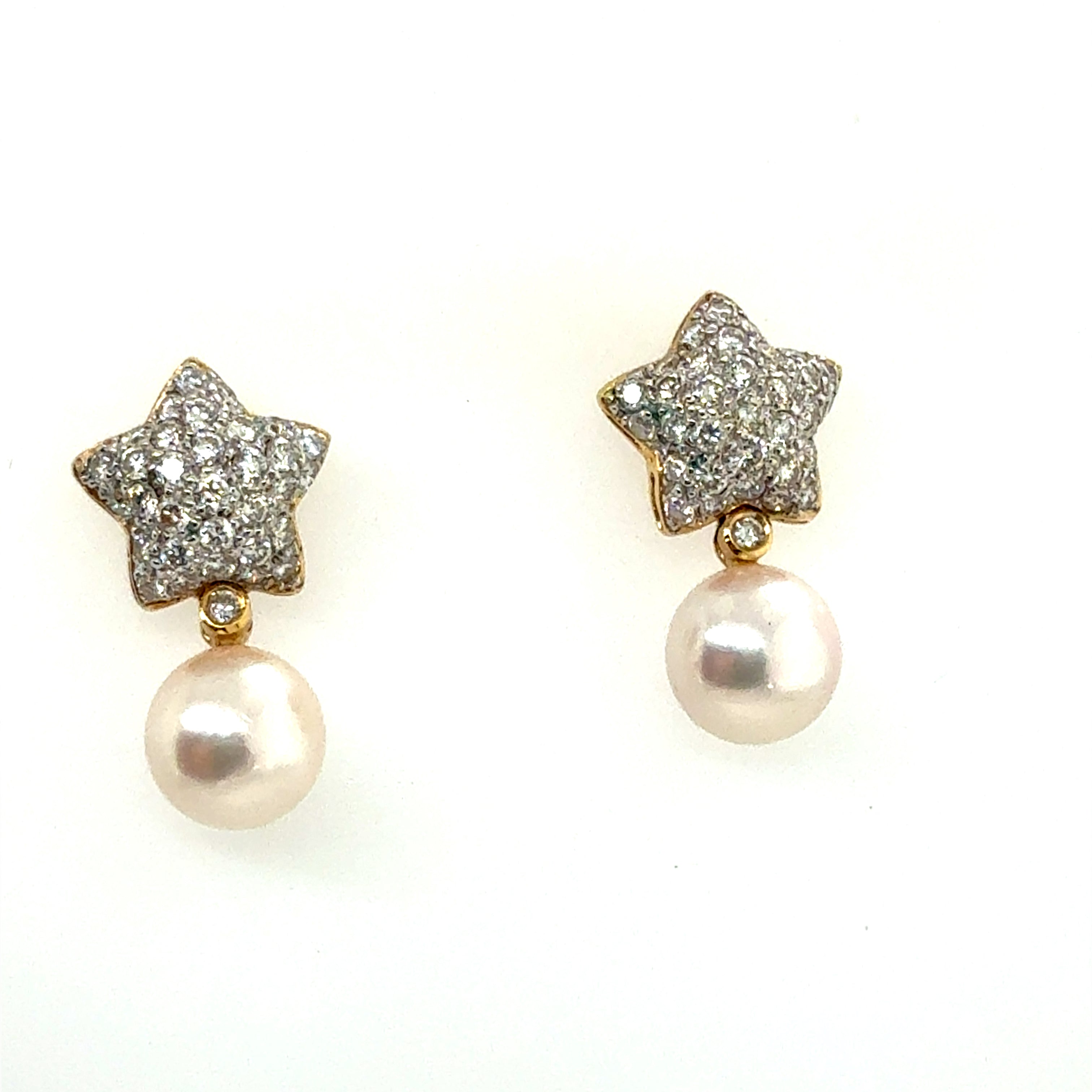 Modern Gold 1.5 Carat Natural Diamond and South Sea Pearl Star Earrings