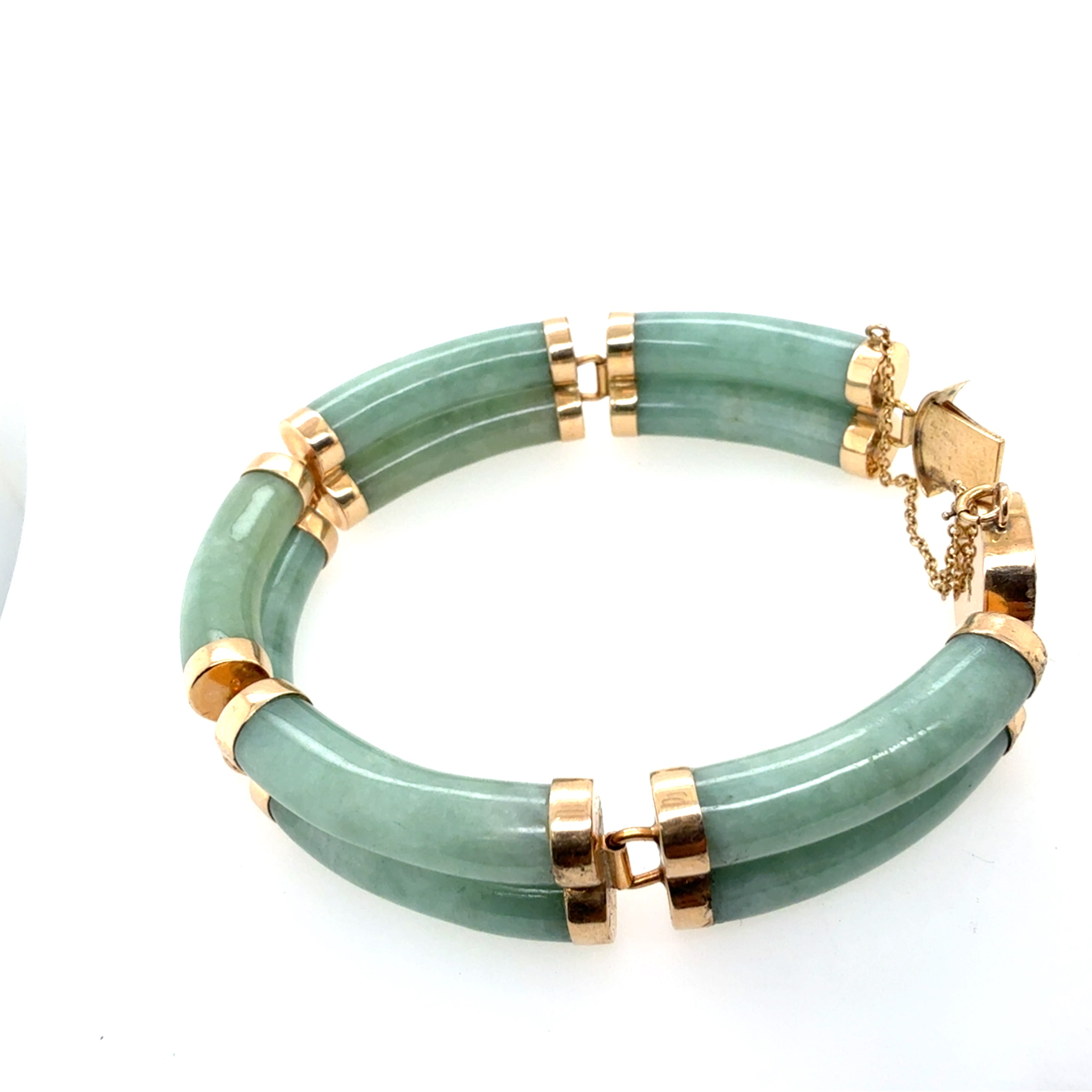 Antique Chinese Jade & 14K Gold Bracelet With Safety Chain 7.25 Inch