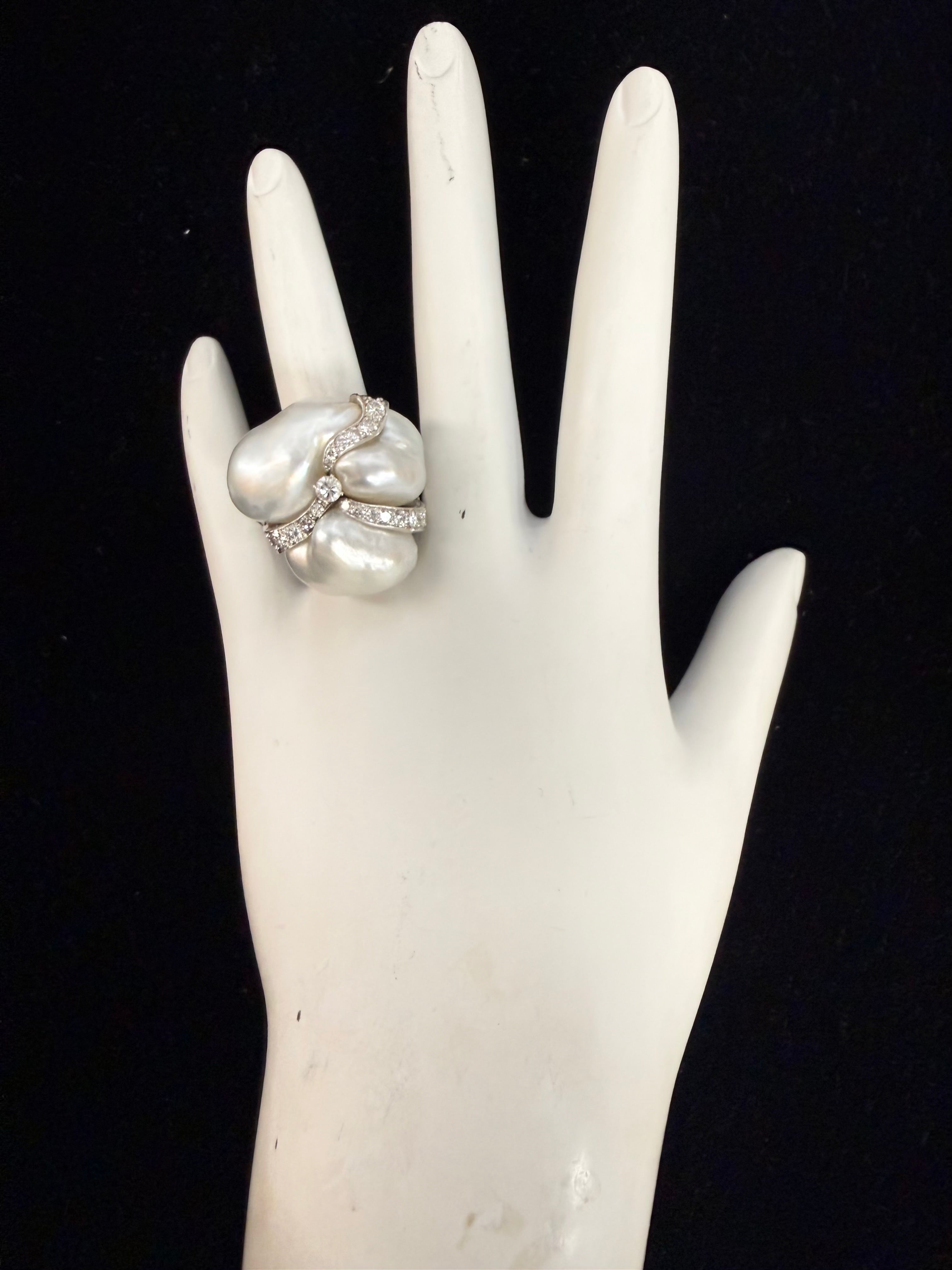 Retro Platinum 2.2 Carat Natural Diamond and Pearl Cocktail Ring Circa 1960